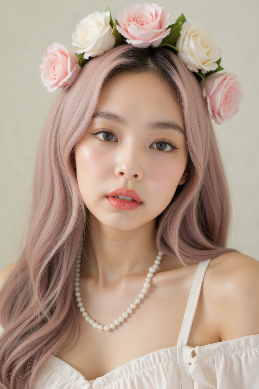 a high-resolution, softly lit photograph featuring a young Asian woman with a delicate, ethereal appearance. She has long, wavy hair in a soft pink hue, styled with minimal makeup that frame her face. Her skin is a smooth, pale complexion, and her eyes are a striking feature, with a subtle, shimmery effect that catches the light. Her lips are painted a soft, muted pink, and she wears a delicate, beaded necklace around her neck. The background is a soft, creamy white, which helps to emphasize the subject's delicate features and the soft pastel colors of her hair and accessories. The image is rich in texture and detail, with a focus on the subject's serene and dreamy expression. The overall aesthetic is whimsical and romantic, evoking a sense of innocence and vulnerability. The photograph's soft focus and pastel colors create a dreamy, ethereal atmosphere, perfect for a fantasy or fairy tale-inspired setting. The subject's delicate features and accessories, such as the floral headpiece, add to the enchanting and otherworldly quality of the image. The style is reminiscent of high-fashion photography, with a focus on delicate, feminine beauty. <lora:Tissue_Jennie_Flux_v1.0-LowRep:1>