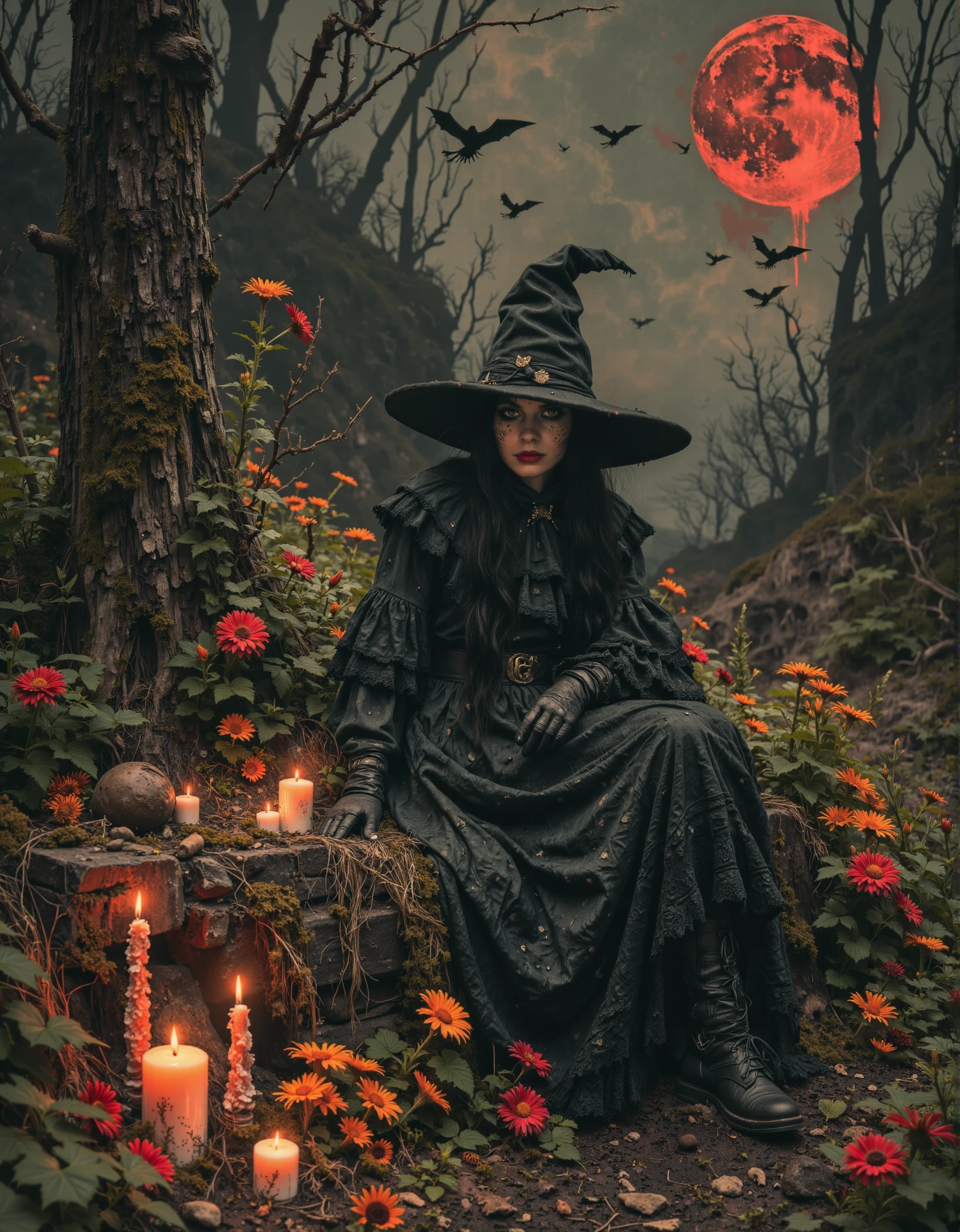 A portrait of a witch, flowers, candles, she is wearing gloves and sitting next to a tree in a vast forest with a red moon. <lora:Witchcore:1> w1tchc0re