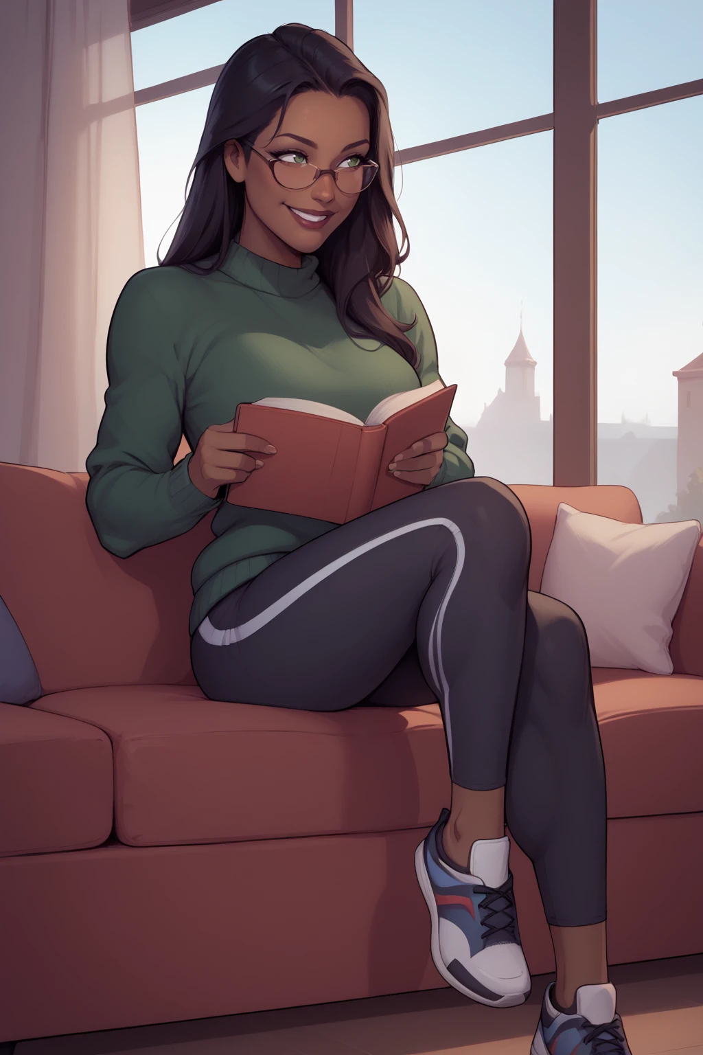 score_9, score_8_up, score_7_up, masterpiece, high quality, BREAK
 <lora:Monet St.CroixPonyLora:1>monetstc, long hair, dark-skinned female, dark green sweater, reading glasses, jogging pants, sitting on a couch, holding a book, smile