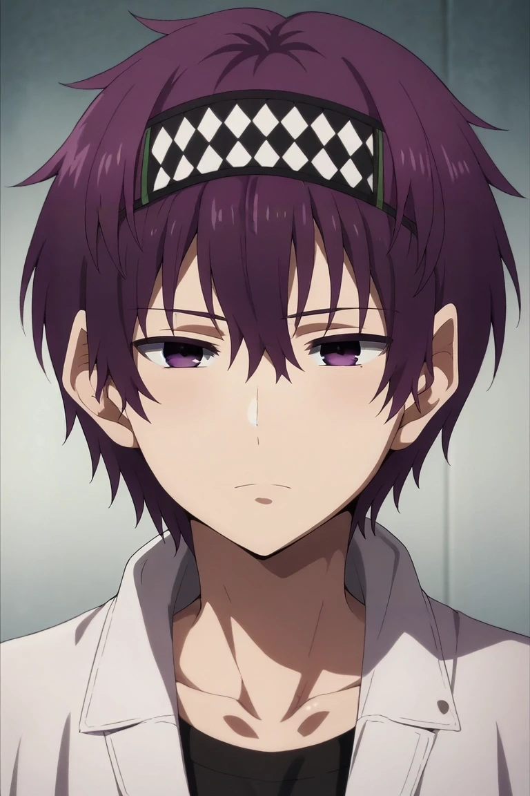 score_9, score_8_up, score_7_up, source_anime, rating_safe, , (photorealistic:0.6), looking at viewer, , 1boy, solo, male focus, <lora:makino_aikawa_pony:0.98>, makino_aikawa, purple hair, purple eyes, short hair, hair between eyes, bangs, headband, , ,, <lora:sdxl_lightning_8step_lora:1>