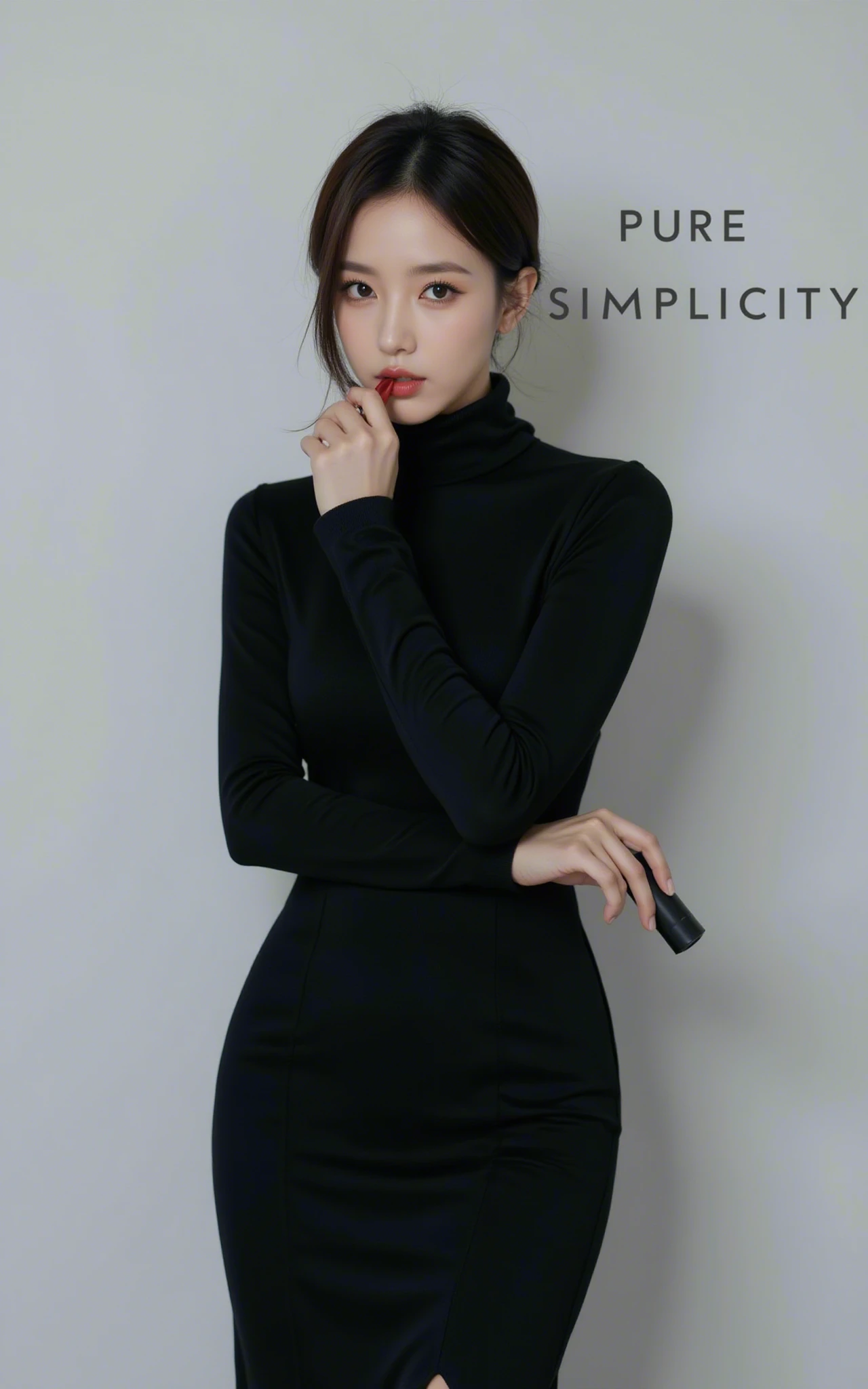 In this option, the background is a simple, light gray gradient that contrasts beautifully with her sleek, monochrome outfit.  The woman is dressed in a fitted black turtleneck dress, with clean lines and no adornments, emphasizing minimalist sophistication.  Her hair is slicked back into a tight bun, adding to the modern, clean aesthetic.

Her makeup is simple yet bold, with sharp winged eyeliner and matte red lips that pop against the minimalist palette.  She holds a sleek, matte red lipstick close to her lips, her gaze direct and confident.  The background text reads “PURE SIMPLICITY” in sharp, sans-serif font, aligning with the clean, modern look.  The overall vibe is one of understated elegance, emphasizing simplicity as a form of high fashion.