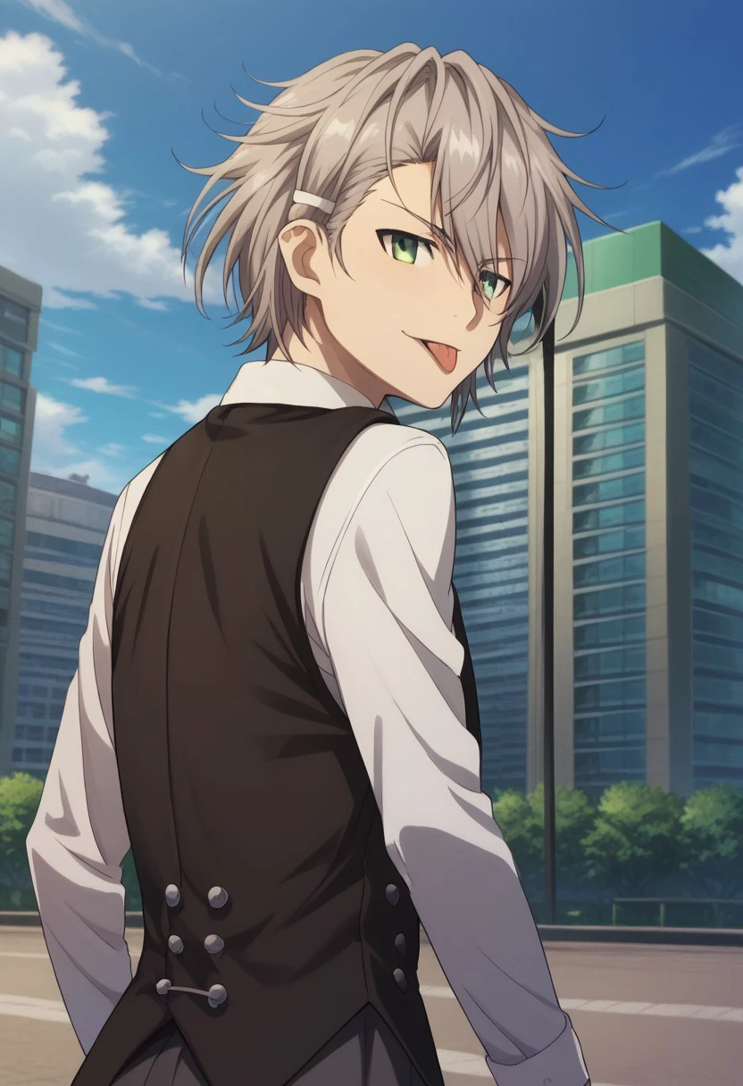 score_9, score_8_up, score_7_up, source_anime, highly detailed, 
sukuna, 1boy, male focus, solo, grey hair, hair between eyes, hair ornament, green eyes, shirt, collared shirt, white shirt, necktie, vest, from back, looking back, tongue out,
outdoor, sky, clouds, buildings