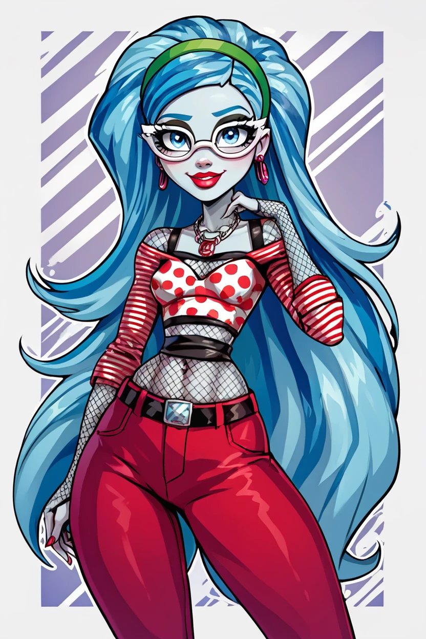 score_9, score_8_up, score_8, medium breasts, (curvy), cute, eyelashes,       BREAK, , zzGhoulia, long hair, blue hair, glasses, colored skin, blue eyes, very long hair,  jewelry, hairband, earrings, makeup, lipstick, striped, necklace, red pants, fishnets,  <lora:Ghoulia_MH_PDXL:0.8>,  , BREAK, smile, looking at viewer, ,,, abstract background, white outline, cowboy shot, ,,, embedding:zPDXL, Expressiveh, ,,, <lora:CatalystStylePDXL:0.6>, <lora:SDXLFaeTastic2400:0.5>, <lora:Expressive_H-000001:0.4>,