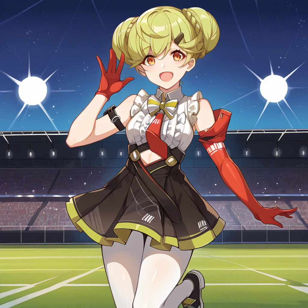 score_9_up, score_8_up, score_7_up, source_anime, 1girl, solo, Cabdg, Cab_Alt, stadium, standing on one leg, on stage, bend knee, waving, holding microphone, neon lights, spot lights, looking ahead, stadium, starry sky, excited smile, open mouth, night time, green hair, orange eyes, double bun, short hair, hair bun, long gloves, single glove, white pantyhose, braided bun, red gloves, asymmetrical gloves, mismatched gloves, armband, clothing cutout, alt crop top, sleeveless shirt, braid, alt white shirt, frilled shirt, collared shirt, alt green bowtie, red necktie, high-waist skirt, black skirt, pleated skirt, hairclip, black straps, mature body, dynamic cowboy shot, idol stage background,