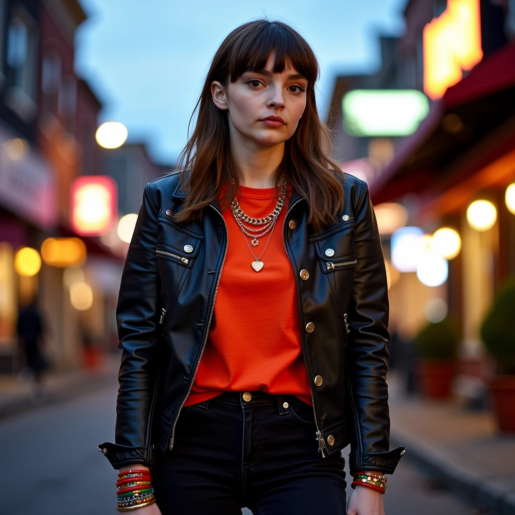 lmbr, cinematic, full body shot of Lauren Mayberry, she has long layers hair, she has slick back hair style, contrasting lights, in the town downtown of a quiet town, she's wearing 2000s fashion jacket, black denim pants, orange long slive shirt,  scarlet undershirt, she's wearing colorful necklaces, bracelets and gold colorful rings. The camera is fixed front-facing her, at dusk,  photorealistic, real photography, 8k, hd, 85mm  <lora:lauren-mayberry:1>, Photorealistic, Hyperrealistic, Hyperdetailed, analog style, soft lighting, subsurface scattering, realistic, heavy shadow, masterpiece, best quality, ultra realistic, 8k, golden ratio, Intricate, High Detail, film photography, soft focus, RAW candid cinema, 16mm, color graded portra 400 film, remarkable color, ultra realistic, textured skin, remarkable detailed pupils, realistic dull skin noise, visible skin detail, skin fuzz, dry skin, shot with cinematic camera