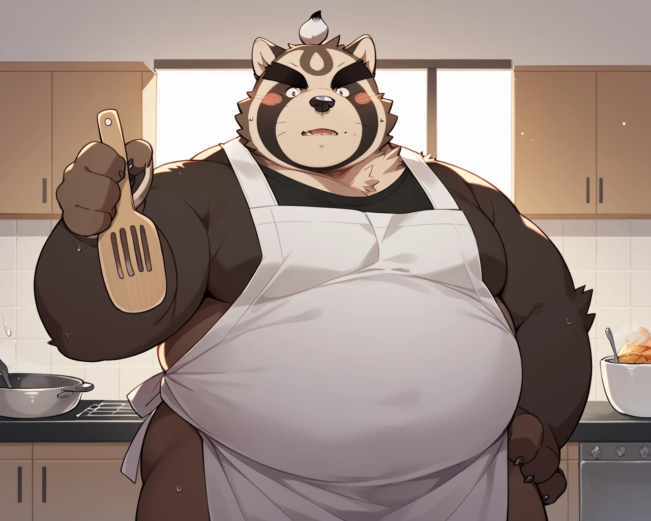 (detailed background:1.2),kemono,plush fur,anime artwork,vibrant,anime style,studio anime,highly detailed,furry,male focus,furry male,1boy,bara,solo,belly,(plump:1.2),(fat:1.2),animal ears,thick eyebrows,pectorals,dynamic angle,stubby limbs,solo,1boys,score_9,score_8_up,score_7_up,score_6_up,score_5_up,score_4_up,(OBESE:1.2),naked apron,half updo,apron,<lora:NakeApronXLPony:0.8>,kitchen,(medium_shot),cooking,<lora:shoen:0.8>,cowboy_shot,sweat,