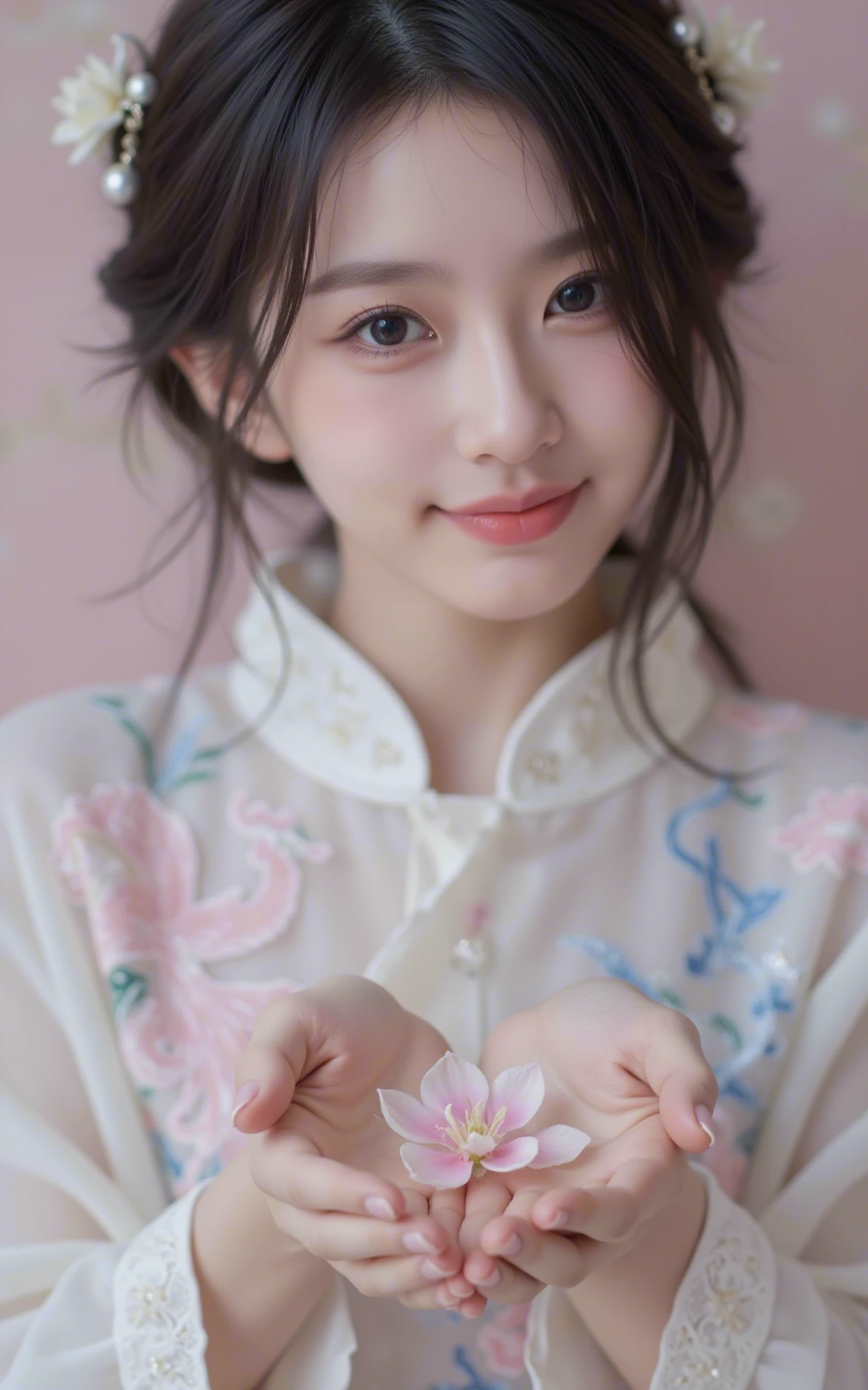 The image captures a close-up of a young woman with flawless, porcelain-like skin, adorned in an intricately embroidered traditional outfit.   Her large, expressive eyes, framed by long, dark lashes, gaze directly at the camera with a serene yet slightly playful, mischievous glint. Her head is slightly tilted,  Her soft, rosy cheeks and small cherry-like lips curl into a subtle, sensual smirk, adding a hint of flirtation and allure.

Her outfit features stunning embroidery with pastel pinks, blues, and whites, intricately woven into the fabric.   A beautifully embroidered phoenix stands out on her garment, representing elegance and cultural depth.   The translucent, flowing layers of her attire add to the sense of grace, while her playful expression creates an intriguing contrast.

The central focus of the image is her hands, palms up, gently holding water with a delicate pink blossom floating in it. Her dark hair is styled in loose waves, adorned with delicate jewelry and subtle hair accessories.   The high-intensity depth of field (DOF) blurs her face softly, making the peach blossom in her hands the primary subject.   The soft, pinkish background further enhances the ethereal beauty of the scene, blending tradition with a modern, alluring touch.