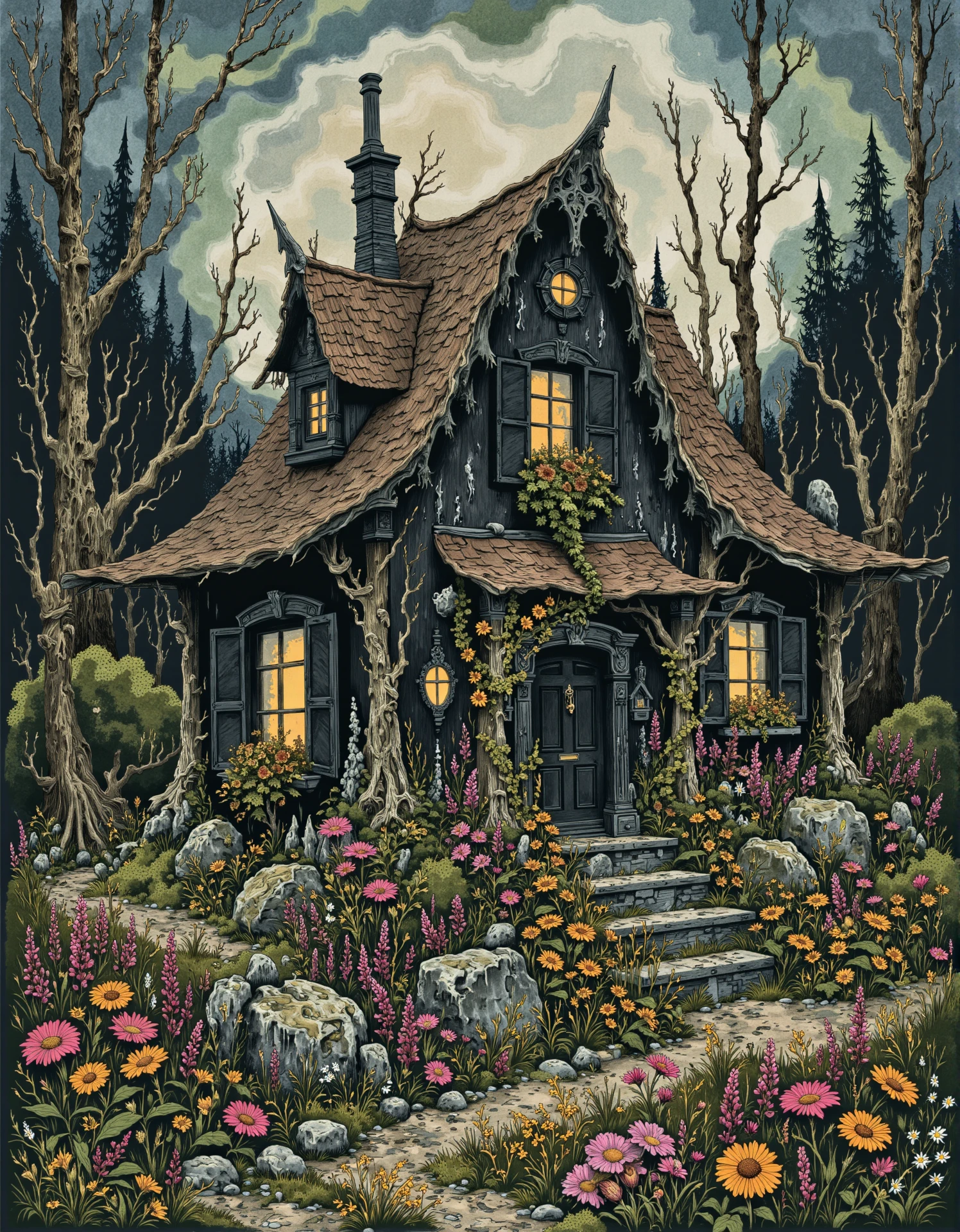 A witch's house. Flowers on the roof and a vast forest and nature abundant. <lora:Witchcore:1> w1tchc0re