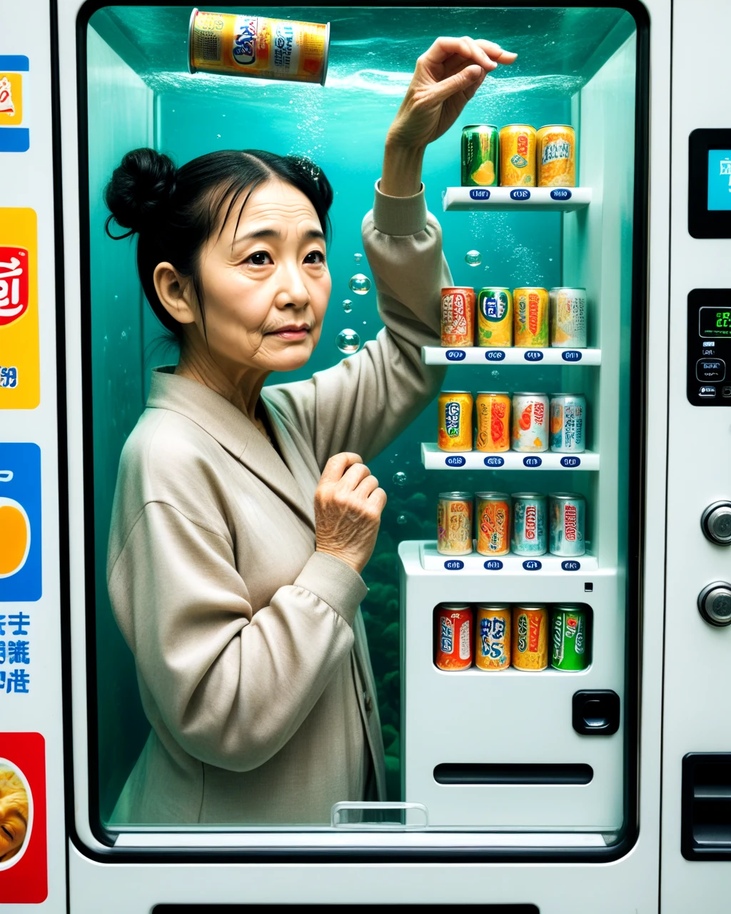 <lora:vending_machine_SDXL:0.5>, old woman, wrinkled skin, nasolabial fold, long sleeves, vending machine, upper_body, water, hair_bun, arm_up, double_bun, canned food, air_bubble, underwater, against_glass, air_conditioner