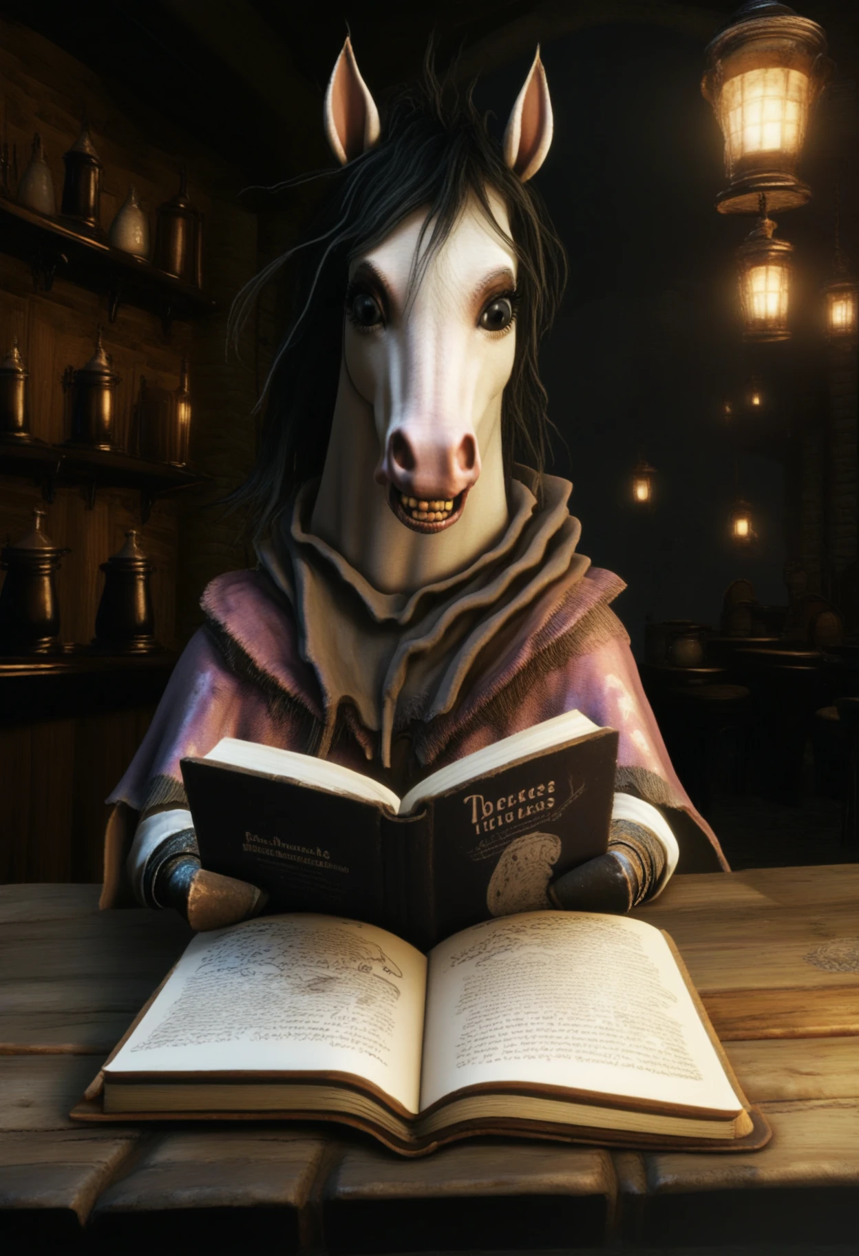 bbstyle, horror theme, 1girl, solo, medieval fantasy, female horse, furry, reading a book, tavern, hooves