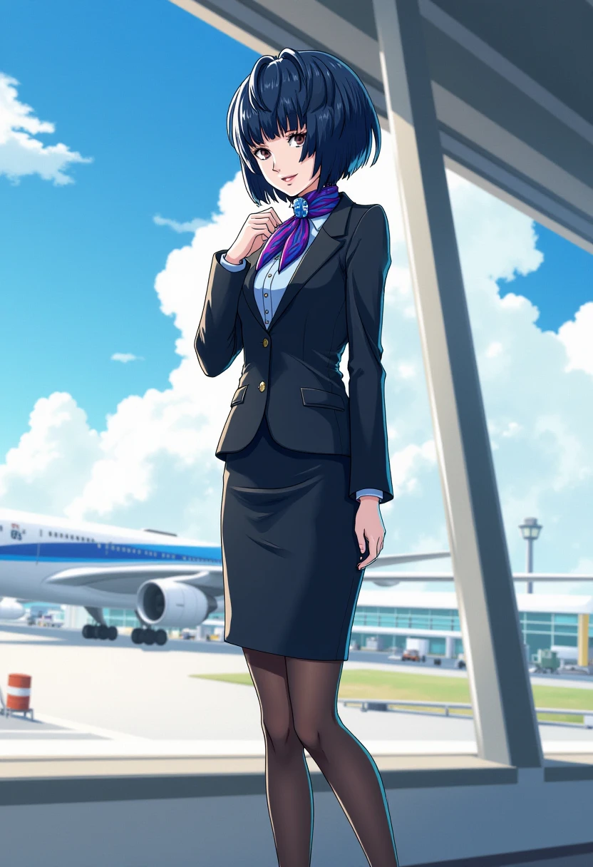 A detailed solo portrait of  takemi_tae. 
Anime style, sharp, high contrast and highly detailed., 
<lora:Takemi Tae v2_epoch_15:1>, 
She is standing in a futuristic airport, with sunshine, blue sky and white cloud in the background. takemi_tae wears a sleek and professional airline attendant uniform inspired by Japanese aesthetics, similar to the uniforms of ANA (All Nippon Airways). The uniform should consist of a tailored black jacket with a subtle sheen, featuring a structured, fitted design with long sleeves and a single-button closure. Beneath the jacket, the attendant wears a light blue collared shirt, neatly tucked into a matching knee-length pencil skirt. Around the neck is a silk scarf in a vibrant, bold color such as purple or blue, tied elegantly to add a touch of flair and sophistication. The outfit is complemented by sheer black tights and polished black dress shoes with low heels, designed for both style and comfort. She looks mature, gentle and elegant. She is looking at the viewer with a beautiful smile.