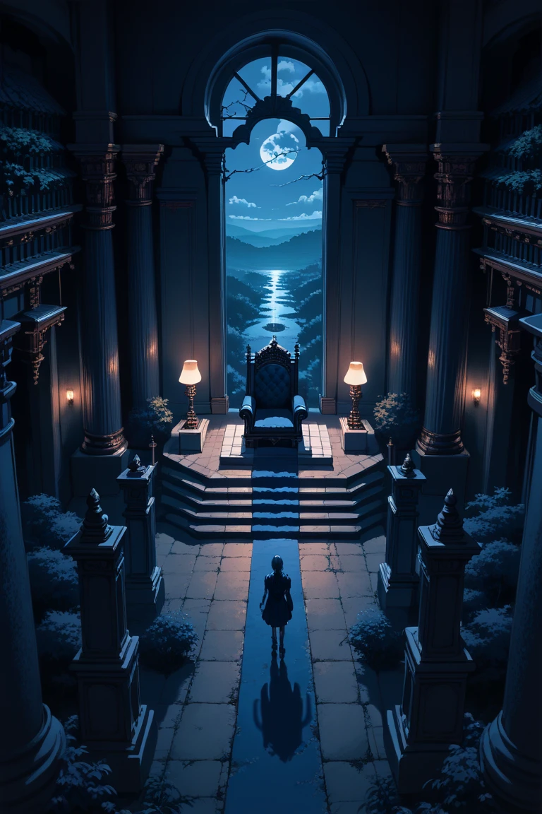 score_9, score_8_up, score_7_up, source_anime, rating_safe, night, dark, natural lighting, throne room focus, CandiTR, from above, negative space, scenery, intricately detailed illustration, depth of field, atmospheric perspective, horror (theme), blue theme