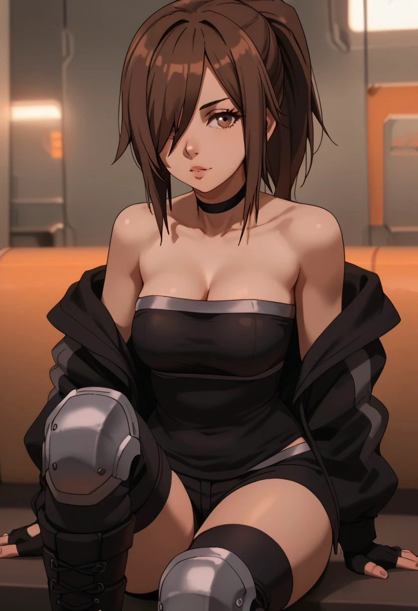 score_9,score_8_up,score_7_up, 
random_rbg, 1girl, breasts, ponytail, brown hair, solo, brown eyes, hair over one eye,   black choker, strapless, cleavage, bare shoulders, fingerless gloves, off shoulder, knee pads, black footwear, jacket, tube top,