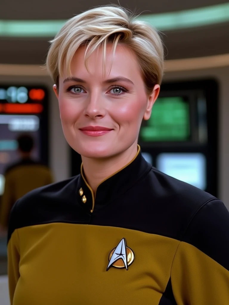 <lora:t8sh8y8r:1.3>  A woman Tasha Yar, exact replica with a pixie style haircut, wearing her black and yellow star trek uniform, smiling at the viewer