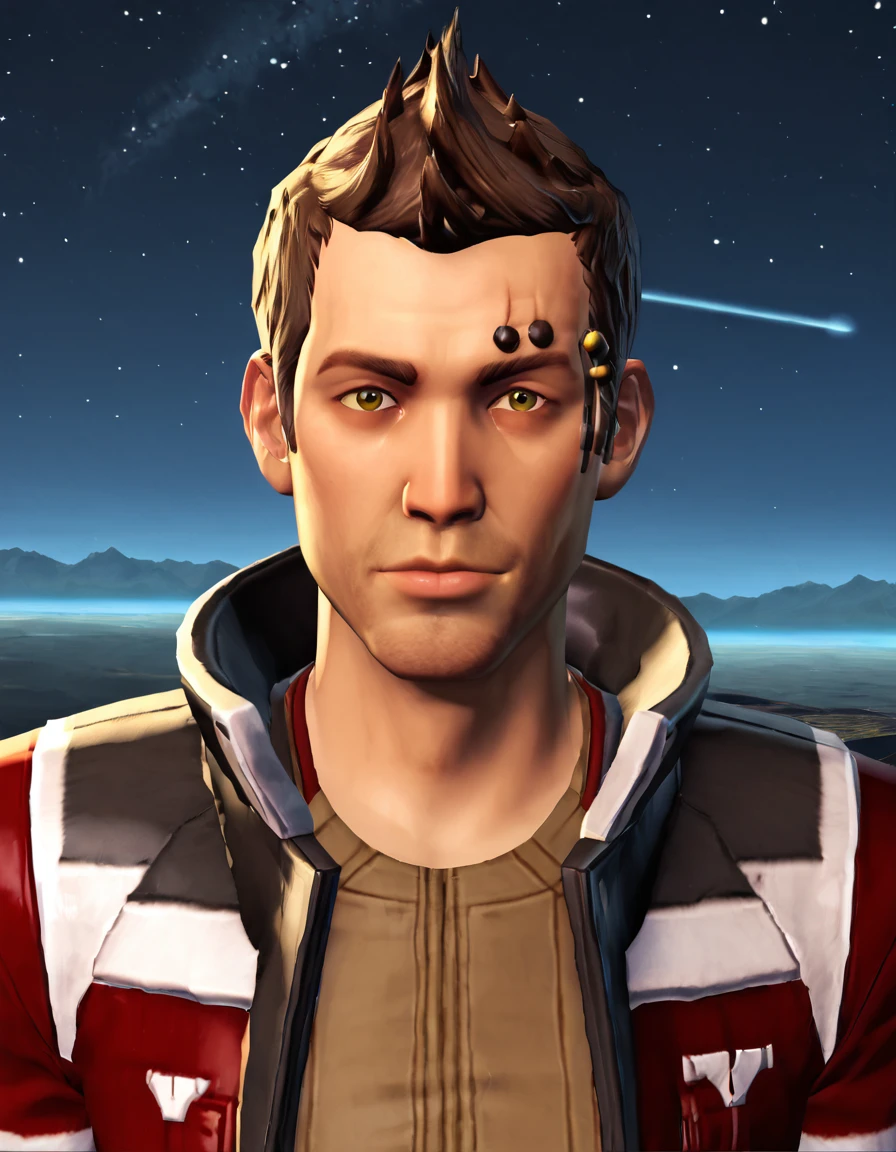 score_9, score_8, score_7_up, score_6, score_5, score_4, detailed eyes, spacecraft, night sky
BREAK 1boy, solo, <lora:Pony - Theron Shan (SWTOR) 2_epoch_13:0.75>, (theronshan, fauxhawk, brown hair, male, olive eyes, face implant, red jacket, brown gloves, brown shirt, belt, brown pants, black boots) close-up, portrait, face, looking at viewer