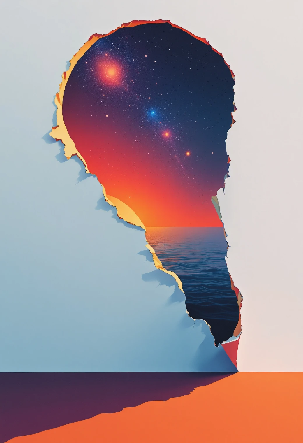 Minimalist illustration of a wall with a hole in, the wallpaper is peeled back, through the hole we peer deeply into the vast cosmos, colorful, amazing composition, highly detailed, crisp linework, colorful, single gradient colored background