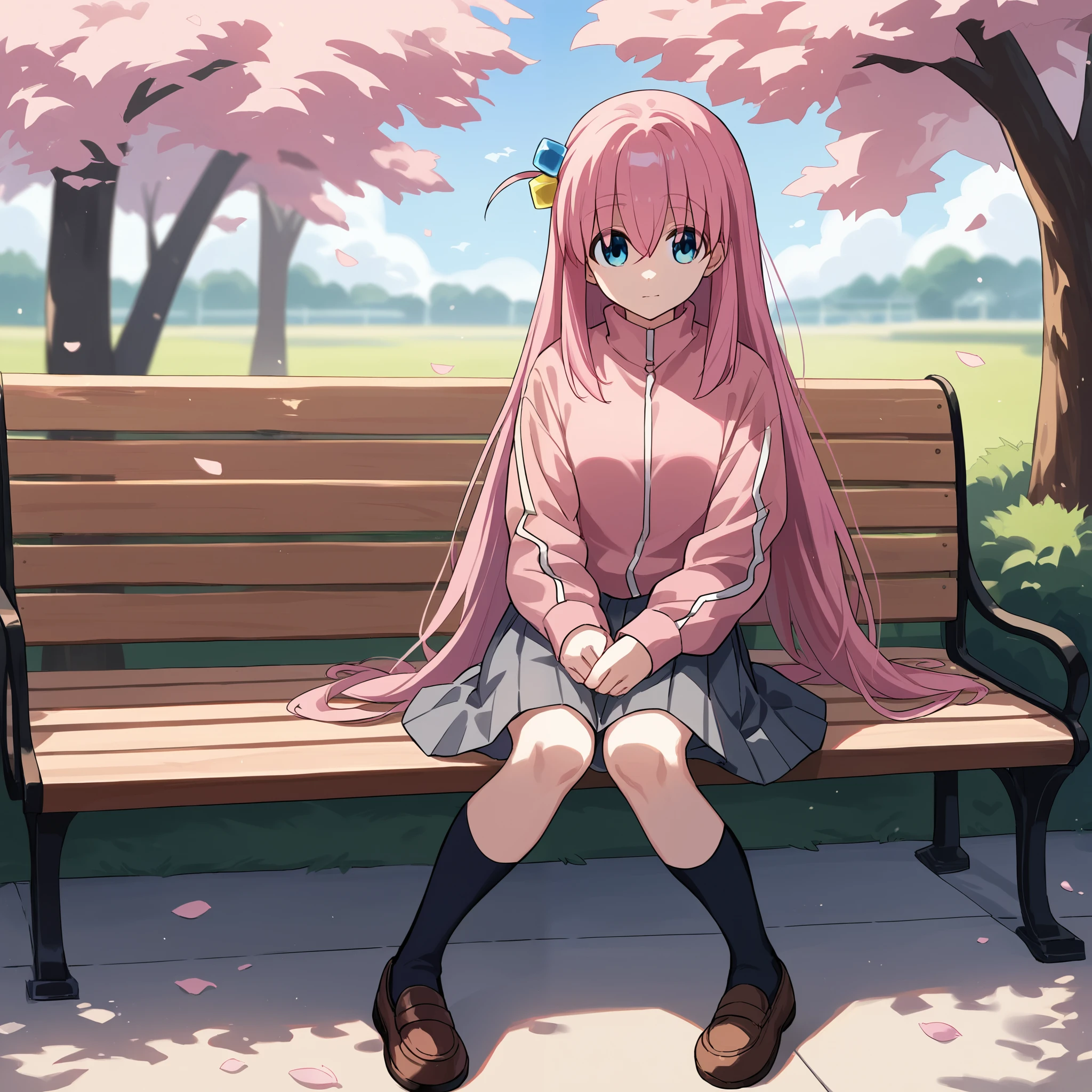 score_9, score_8_up, score_7_up, score_6_up, score_5_up, score_4_up, BREAK source_anime, look at viewer, rating_safe,  1girl, solo, park, cherry blossom, full body, sitting, bench, masterpiece, best quality,  bocchidef, blue eyes, pink hair, long hair, cube hair ornament, pink jacket, track jacket, long sleeves, pleated skirt, grey skirt, miniskirt, black socks,