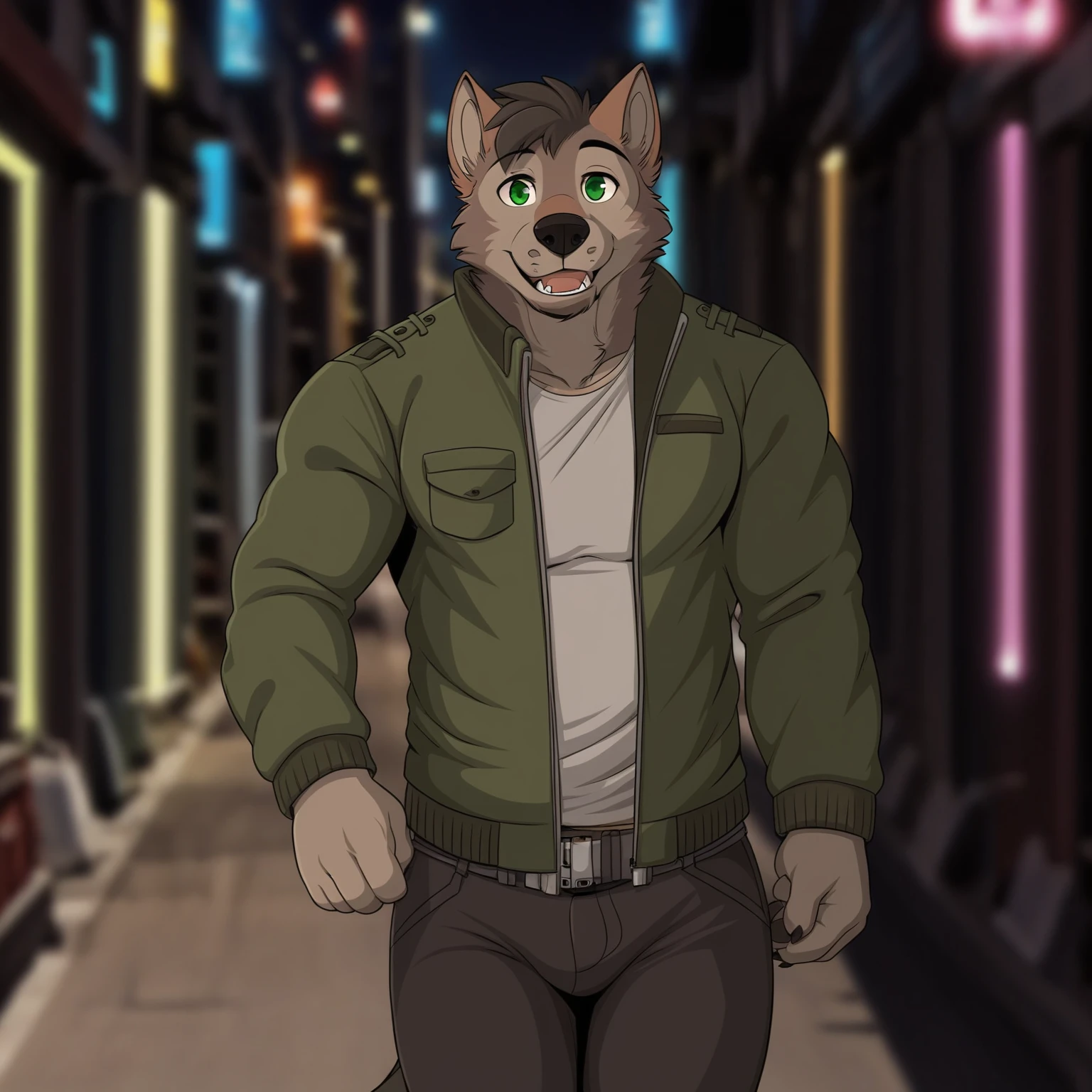 <lora:PatsyRTF:0.8>, patsy, male, solo, pants, open jacket, shirt, (walking:1.2), street, night, futuristic, neon lights,