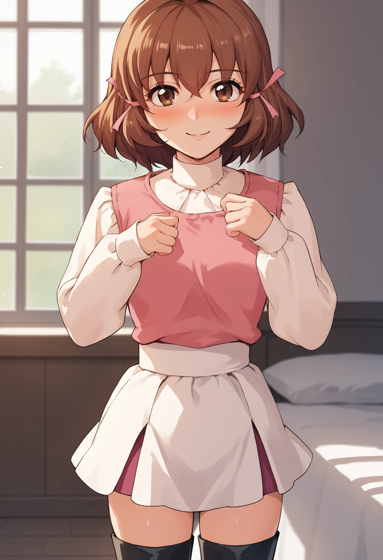 score_8_up, score_7_up, source_anime BREAK 1girl, solo,  <lora:minahakuba-sh-richy-v1_pdxl:1> minahakuba, brown eyes, brown hair, short hair, hair ribbon, pink ribbon, pink shirt, white sleeves, long sleeves, white skirt, black thighhighs, white thigh boots, smile, blush, looking at viewer