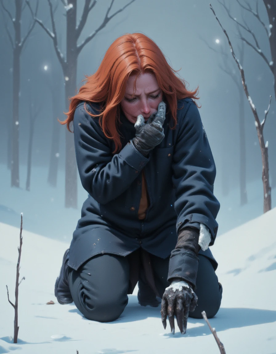 A desolate ginger woman freezing to death kneels with a sorrowful expression, her long hair cascading around her. The background is cold, snowing violently, emphasizing her isolation. This evocative image, perhaps a melancholic painting, captures the woman's pain and solitude with exquisite detail. Her downcast eyes and hunched stance convey a sense of deep melancholy, drawing viewers into the emotional depth of the scene.  <lora:BStyle:1.5> bstyl3