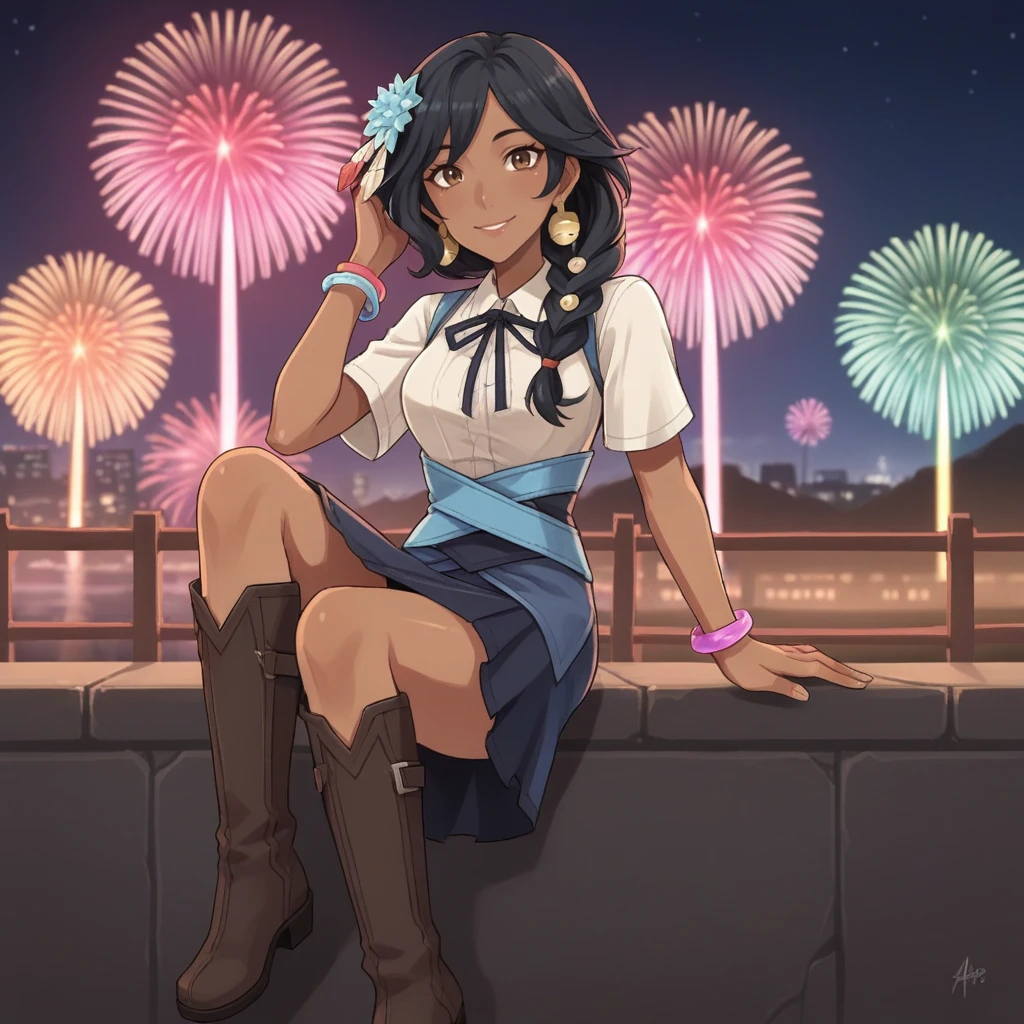 score_9, score_8_up, score_7_up, score_6_up, score_5_up, score_4_up, zPDXL2,source_anime,rating_questionable,  1girl, looking at viewer, smile,  amusement park, neon lights, fireworks,<lora:Catori_-_My_Time_at_Sandrock:0.8> Catori_MTaS, dark-skinned female, brown eyes, black hair, braid, brown footwear, bangle, shirt, skirt,knee boots,  hair ornament, bracelet, hair flower, earrings