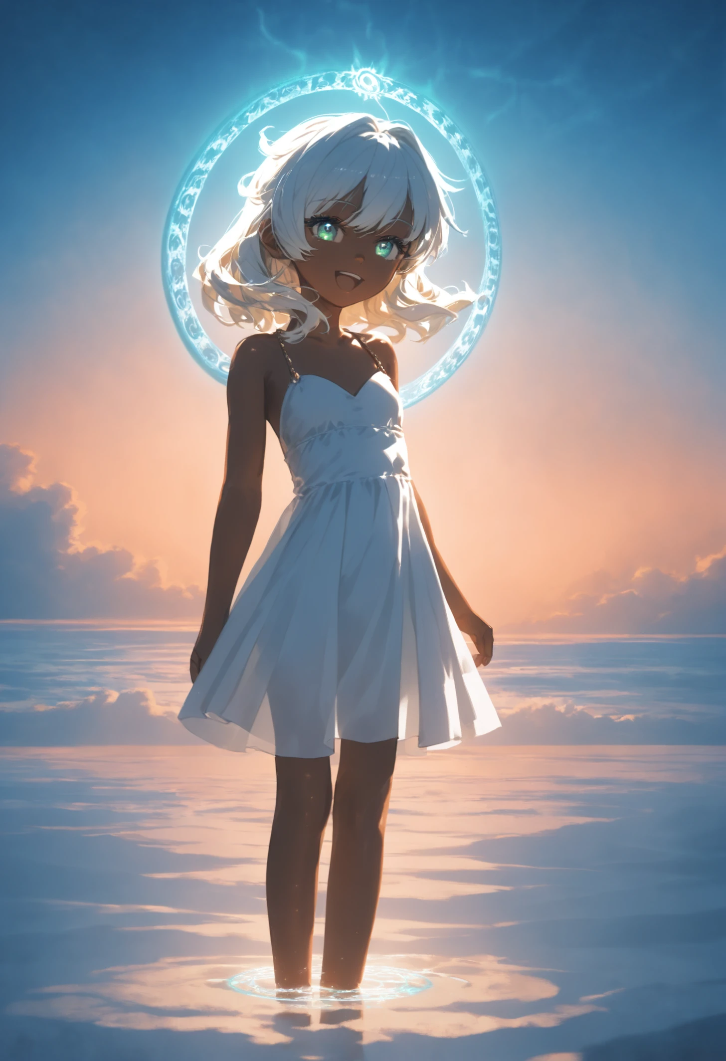 score_9, midnight, anime oracle, 1girl, happy, glowing circle portal, mint green theme, portrait, bioluminescence leaf, reflective water, night sky, calm waves, standing on liquid, beach sand, beautiful, solo, golden hair, soft lighting, dark skin, white hair, glowing, white dress, dark theme, volumetric lighting, cinematic, (anime cinematic), important