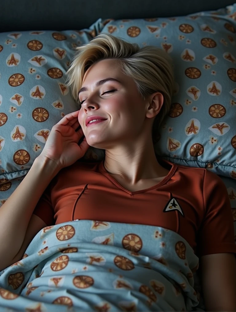 <lora:t8sh8y8r:1> A woman Tasha Yar, with a Tasha Yar pixie hair style, laying down asleep in her star trek logo patterned bed