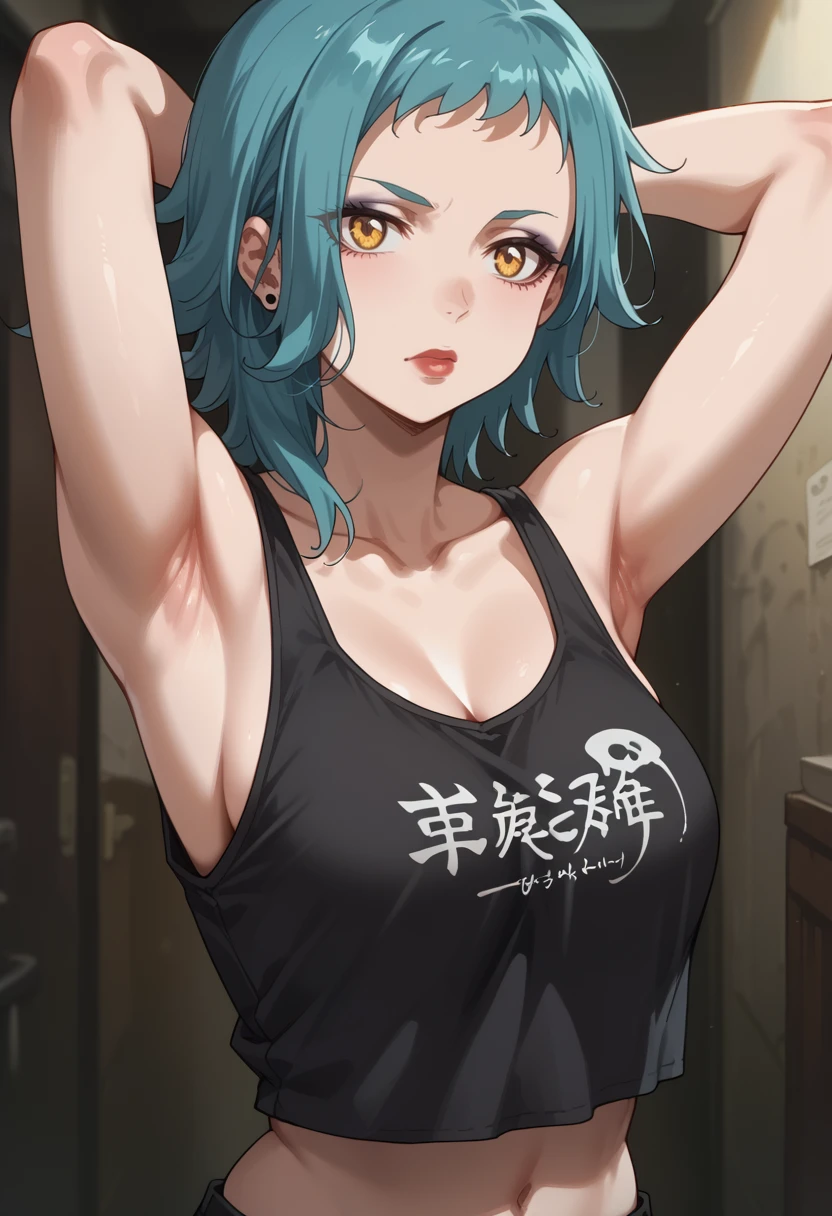 score_9, score_8_up, score_7_up, score_6_up, source_anime, absurdres, highres, 
standing, upper body, arm behind head, looking at viewer,
takizaki rina, 1girl, solo, aqua hair, yellow eyes, short hair, black tank top, collarbone, midriff, navel, makeup, goth fashion, <lora:Rina_Takizaki__Psycho-Pass:1.0>