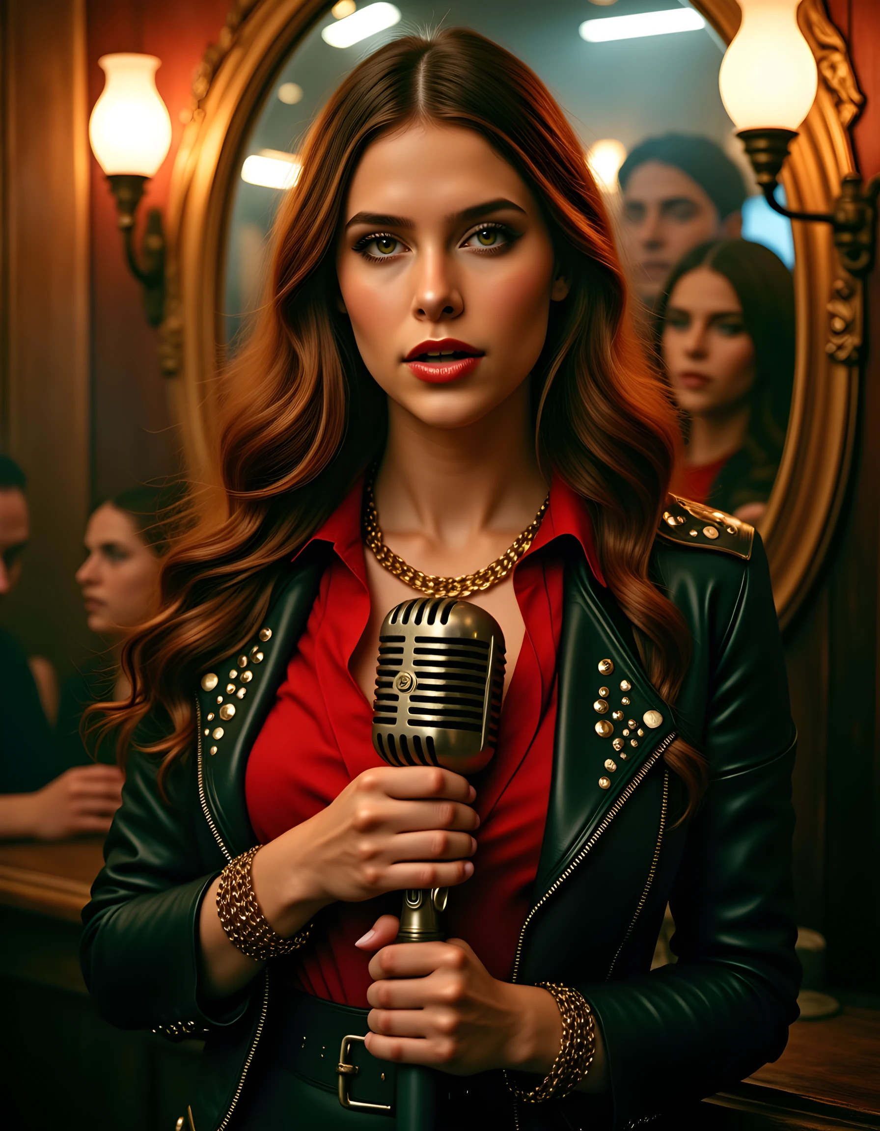 In a gritty, urban setting of a dimly lit speakeasy, a captivating woman named M414Z is posed against the backdrop of an antique mirror, her long, wavy chestnut hair cascading down her shoulders like a waterfall. Her striking features are accentuated by the low-key lighting that illuminates her deep-set eyes and full, fiery red lips, which seem to be slightly parted as if she is about to speak directly to the viewer. The camera angles from below emphasizes her high cheekbones and strong jawline, while her hands clutch a vintage microphone in an intense, dramatic pose that exudes both vulnerability and strength. Her unique outfit consists of a black leather jacket with intricate silver studs and a red silk blouse adorned with gold chains, giving off an edgy, glam-rock vibe. The background details show the silhouettes of other patrons in the smoky room, their faces obscured by the haze, creating a sense of mystery and allure around M414Z as she stands out as the focal point in this captivating portrait.