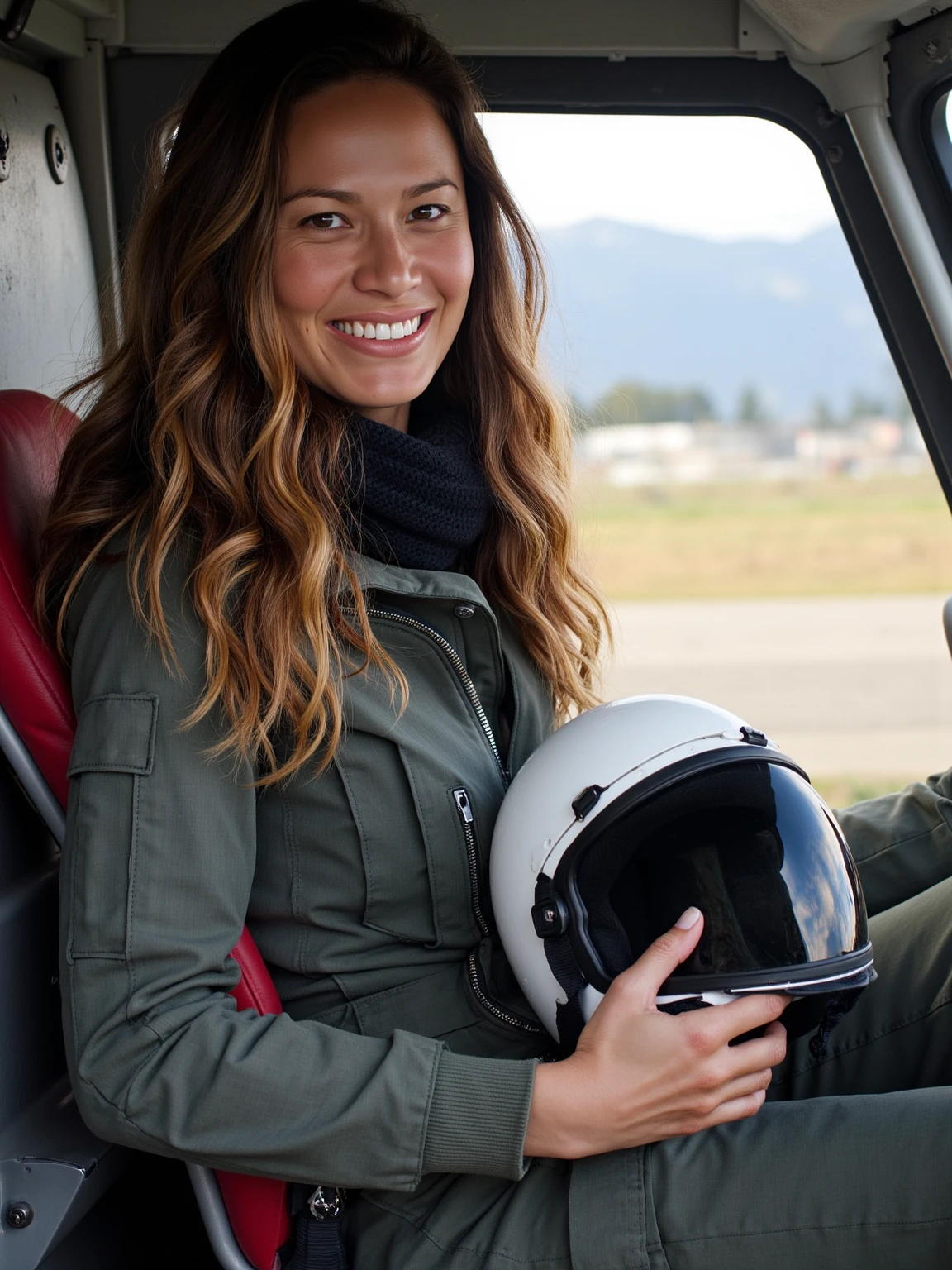 This is a photograph featuring a young woman called MoonBG sitting inside a helicopter. She has long, wavy brown hair that cascades over her shoulders. Her skin tone is light, and she has a warm, inviting smile on her face, revealing white teeth. She is dressed in a dark grey, heavy-duty jacket with multiple pockets, indicating she might be involved in a professional aviation or outdoor activity. The jacket is buttoned up, and she is wearing a black scarf around her neck.
In her lap, she holds a white helmet with a black visor, which suggests she is a pilot or a passenger in the helicopter. The interior of the helicopter is modern with sleek, metallic surfaces and a red cushioned seat she is sitting on. The background outside the helicopter shows a blurred landscape, possibly an open field or an airport, with a hint of distant mountains or buildings.
The photograph captures a moment of joy and relaxation, with the woman's expression and posture conveying a sense of contentment and readiness for adventure. The overall mood of the image is one of excitement and readiness for an outdoor or aviation-related activity.
<lora:Moon-Bloodgood_Flux1D_LOREVER:1>