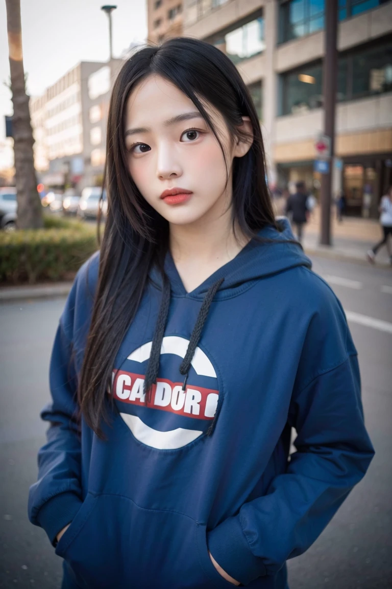 upper body photo of njminji in blue hoodie, makeup, streets, day, hard shadows, (photorealistic:2.0), <lora:njminji-v3:1>