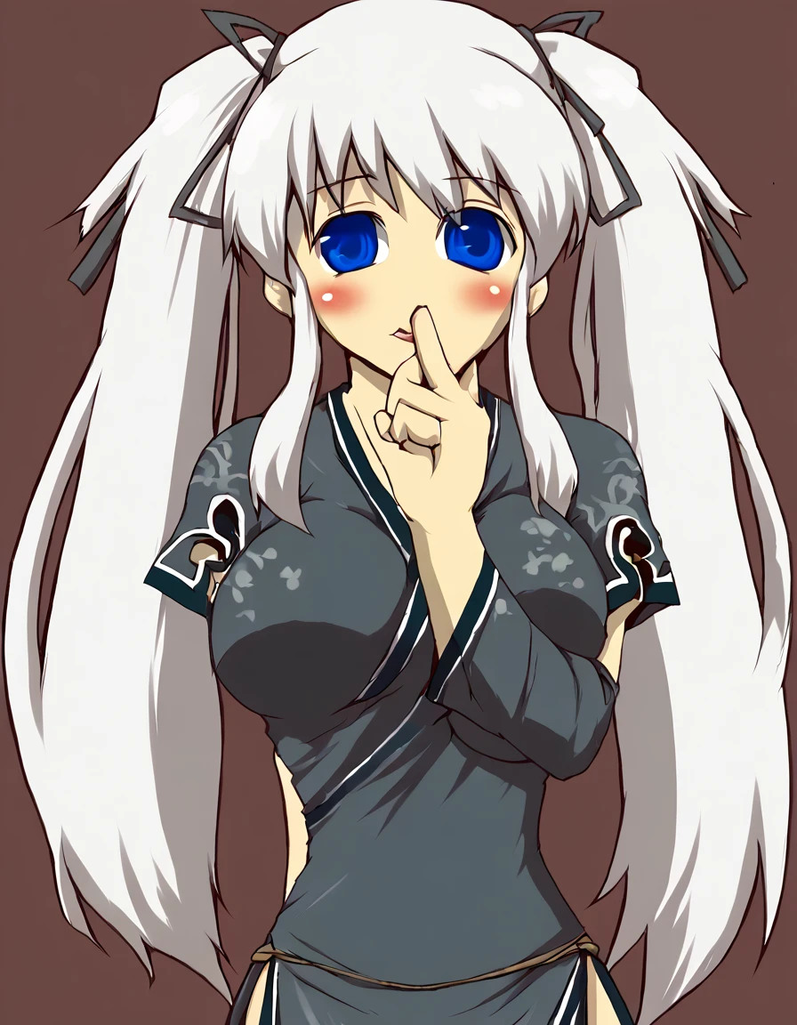 Mischief,  Shushing with finger to lips 
 <lora:Zannnenn1:1.2>
 <lora:Nao_Mabinogi:1> na0m4bi, 1girl, solo, blue eyes, large breasts, twintails, long hair, white hair, china dress, hair ribbon