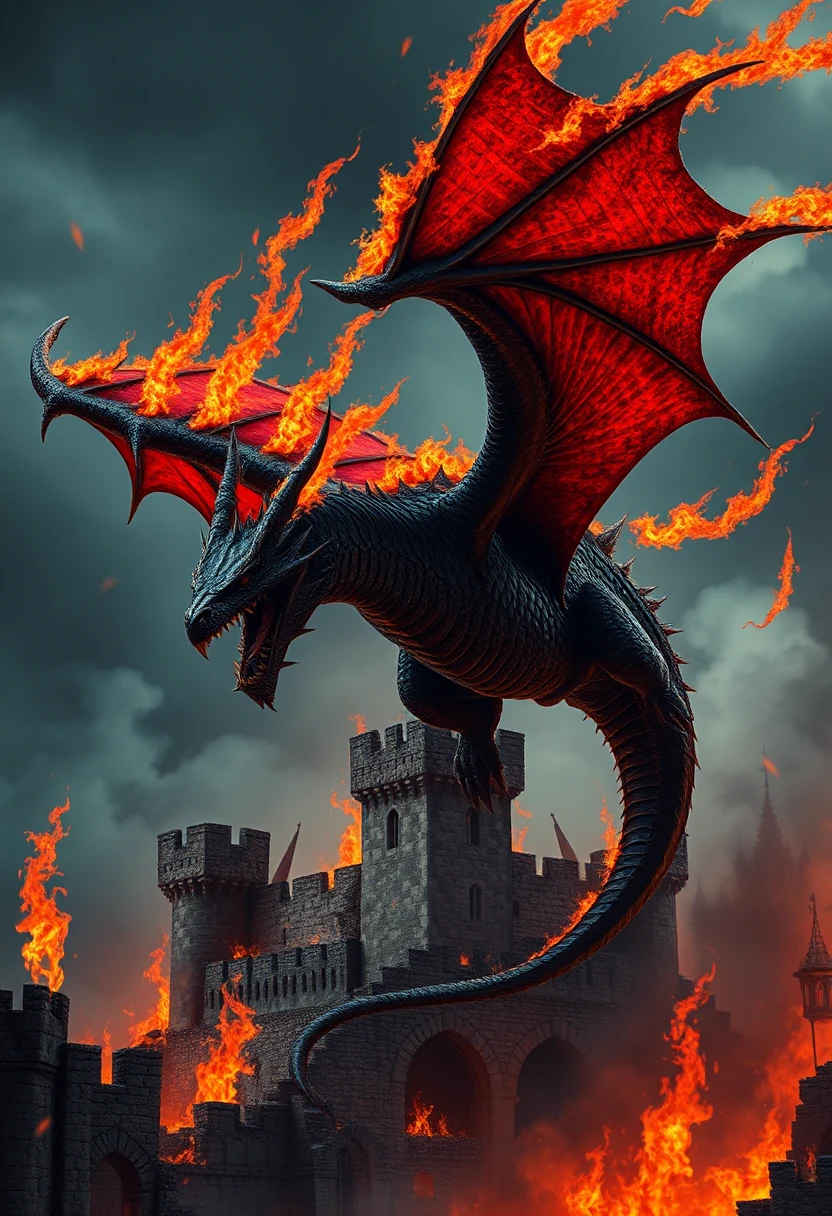 bailing_fire photoréalistic highly detailed high-resolution (Full Shot photography) " featuring "Death Wing" A black dragon with red wings and a large jaw with sharp teeth.his scales are black and very detailed, he wears a spiked black heavy armor fused into his skin .he is angry and his wings are composed of orange fire elements bailing_fire and leave trails of long flames bailing_fire on the sky.The dragon is flying over the burning ruins of a medieval castle