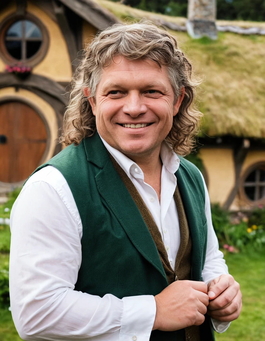 closeup photo, rfico man as hobbit, the shire in the background, hobbit clothes, (longer curly hair:1.2), hobbit house in the background, smile <lora:rfico:0.7>