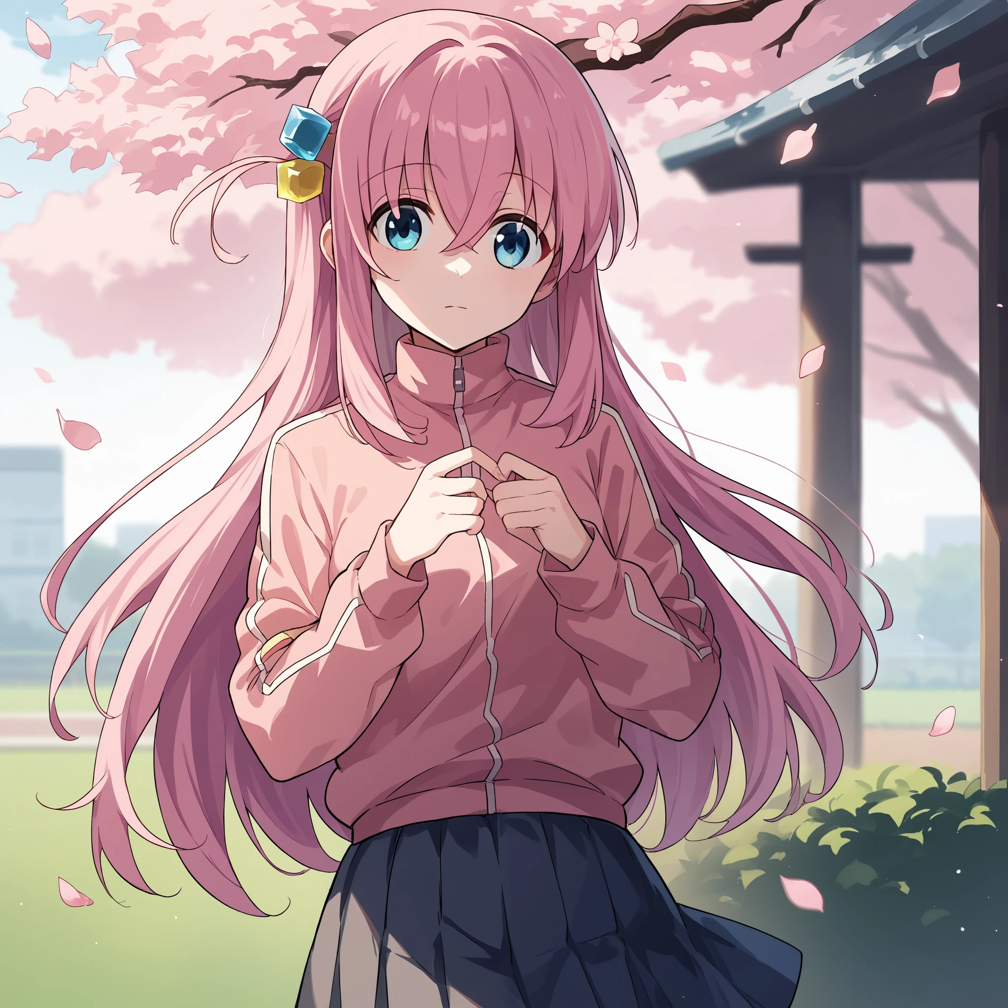 score_9, score_8_up, score_7_up, score_6_up, score_5_up, score_4_up, BREAK source_anime, look at viewer, rating_safe,  1girl, solo, park, cherry blossom, masterpiece, best quality,  bocchidef, blue eyes, pink hair, long hair, cube hair ornament, pink jacket, track jacket, long sleeves, pleated skirt, grey skirt, miniskirt,