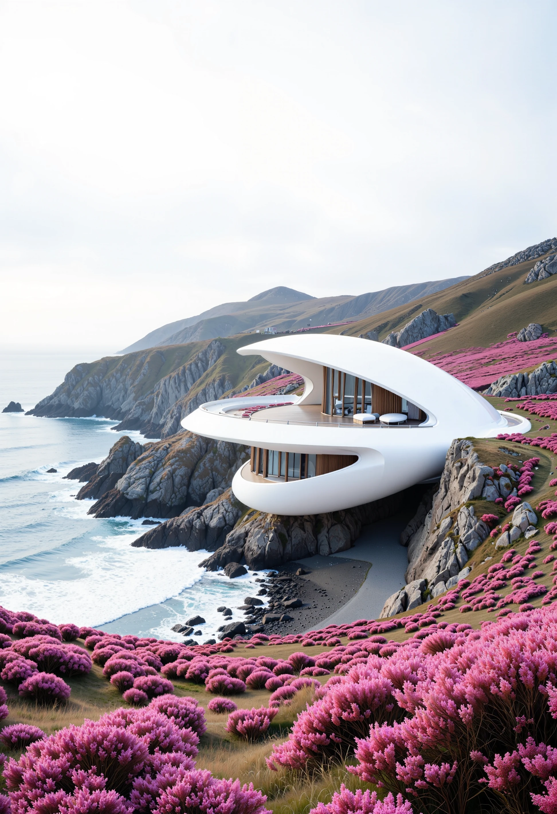 A futuristic coastal home with smooth, organic curves in white, resembling a seashell. The home is perched on rocky cliffs overlooking a serene ocean, with waves gently crashing against the shore. Surrounding the house are lush fields of pink flowering bushes that contrast with the sleek modern structure. The soft, overcast sky creates a gentle, diffused light over the entire scene, highlighting the modern design.
Style inspiration from Zaha Hadid's architectural aesthetic combined with a dreamy, pastel color palette reminiscent of Alena Aenami's work.