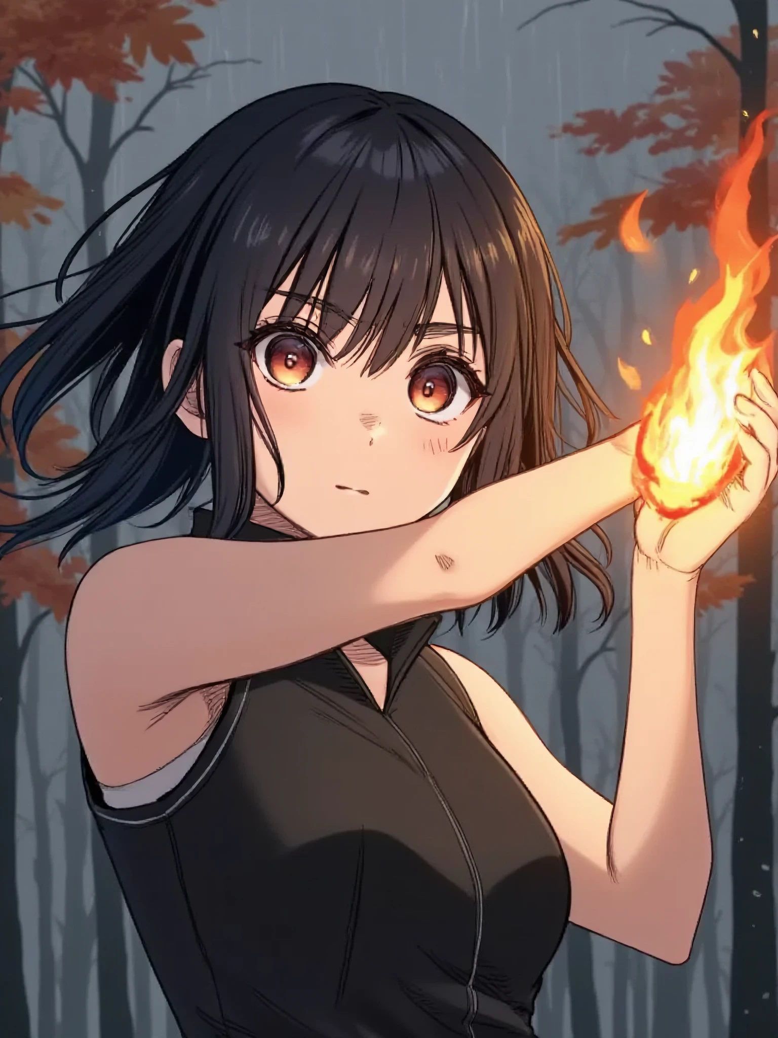 A manga picture of Ely Otta with black hair and wide open eyes. She is throwing a fireball towards the wieves. She is dressed in a black sport costyme without sleeves. The background is an autumn forrest, It is a gloomy rainy autumn day.
