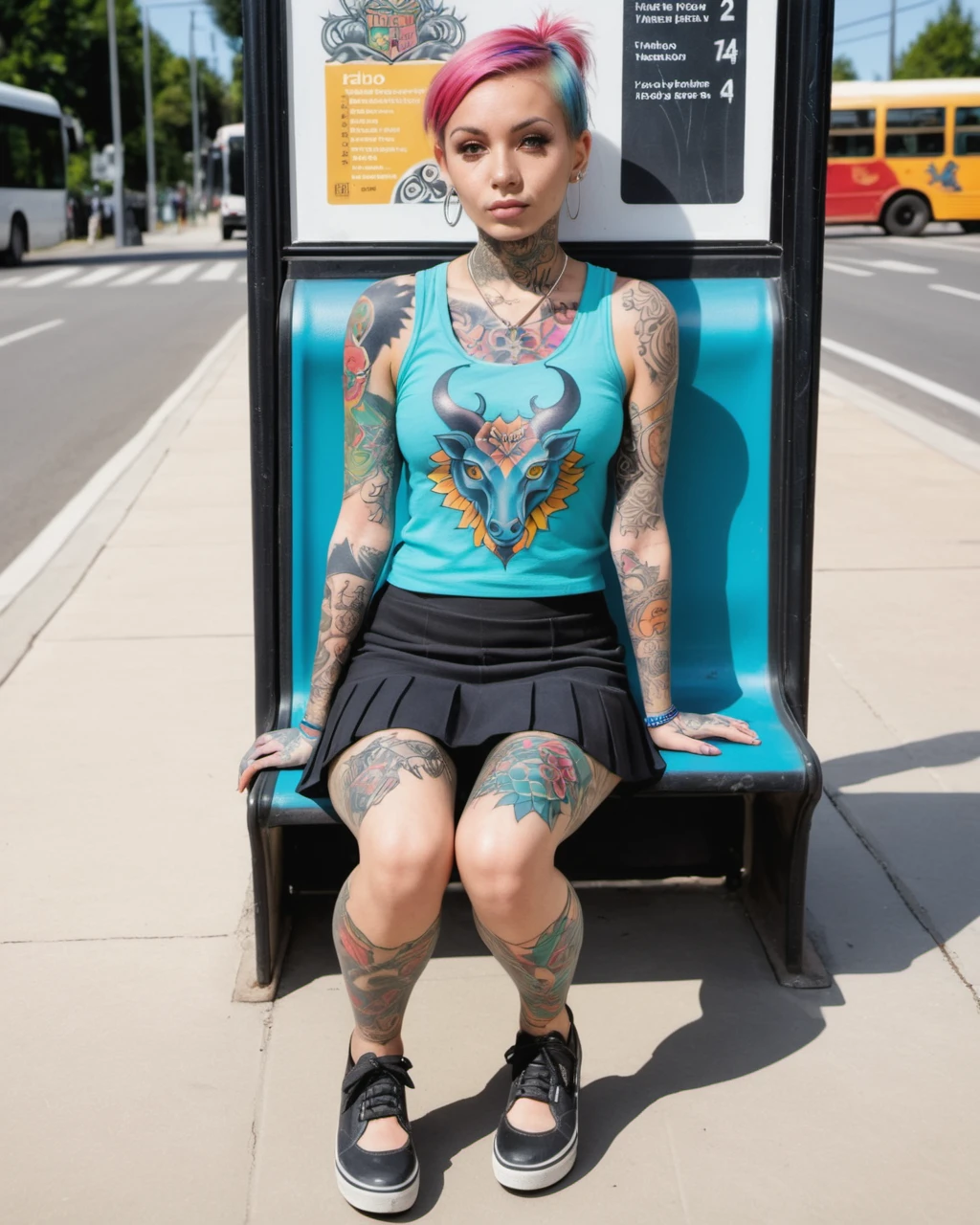 a photo of a woman TattooVariations colorful   full-body tattoo tattoo <lora:TattooVariations:1> siting at the bus stop in a miniskirt and tank top