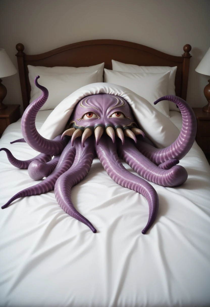 <lora:Ultros_-_Final_Fantasy_FLUX:1>
Photograph of a creature named Ultros, purple octopus with 8 tentacles, lying under the covers in bed with a seductive look.