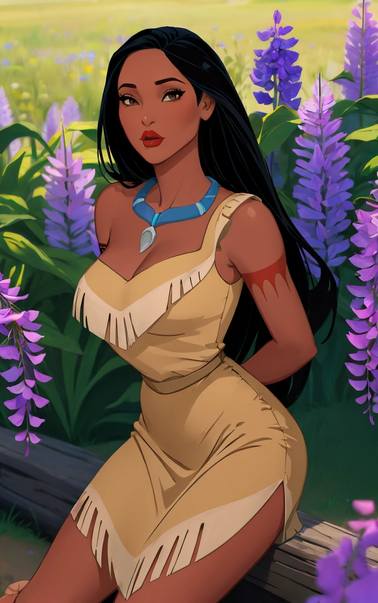 (masterpiece, best quality:1.4), insaneres, absurdres, solo, looking at viewer,BREAK 
MainOutfit_Pocahontas_ownwaifu, 
1girl, arm tattoo, black eyes, black hair, necklace, red lips, long hair, dark skin, dark-skinned female, breasts, lips, lipstick, makeup, very long hair, medium breasts, tattoo, collarbone, forehead, 
single strap, yellow dress, short dress, jewelry, bare shoulders, sleeveless, cleavage, strapless,  bare arms, native american, bare legs, tribal, sleeveless dress, strapless dress,
(leaning forward, arms behind back), cowboy shot, garden, wisteria, outdoors, <lora:CARTOON_PocaHontas_ownwaifu:0.85> , depth of field, solo,