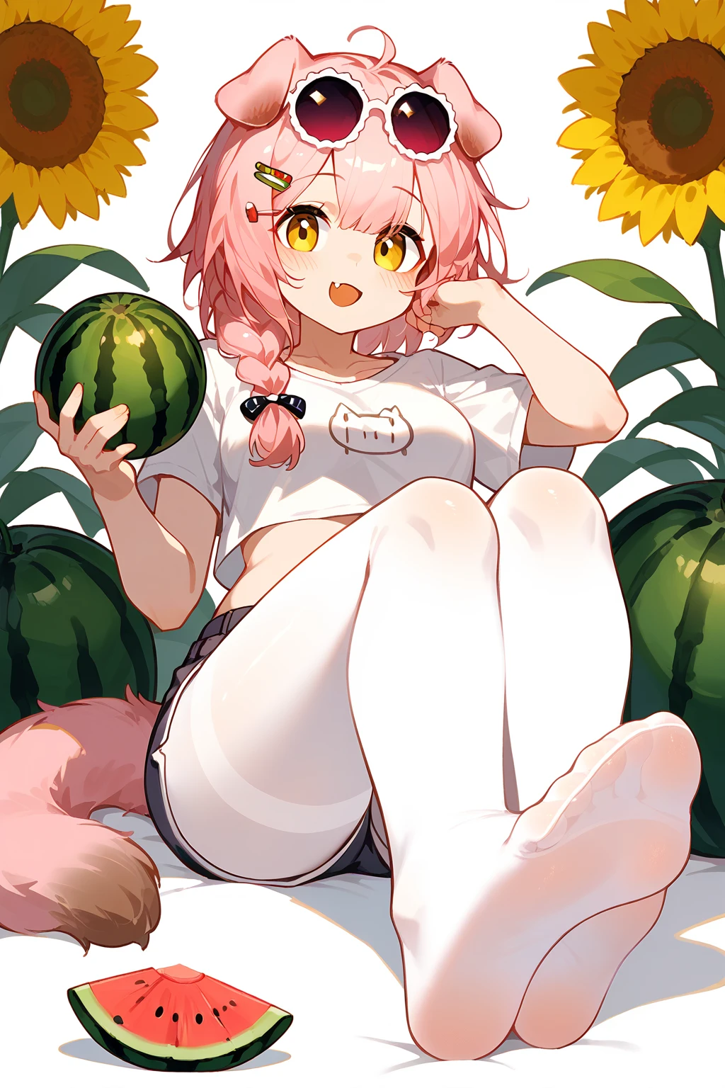 (score_9,score_8_up,score_7_up),<lora:Goldenglow(Arknights)-v1-000008:0.8>,goldenglow (arknights),1girl,animal ears,tail,pink hair,cat ears,cat tail,feet,solo,foot focus,no shoes,navel,soles,eyewear on head,yellow eyes,pantyhose,shorts,hair ornament,braid,toes,looking at viewer,white pantyhose,foreshortening,cat girl,sunflower,long hair,open mouth,blush,smile,sitting,watermelon,sunglasses,legs,fang,hairclip,holding,midriff,full body,breasts,bangs,white shirt,short shorts,shirt,
good feet,anime,NSFW,expressive,amazing quality,ultra hd 32k,