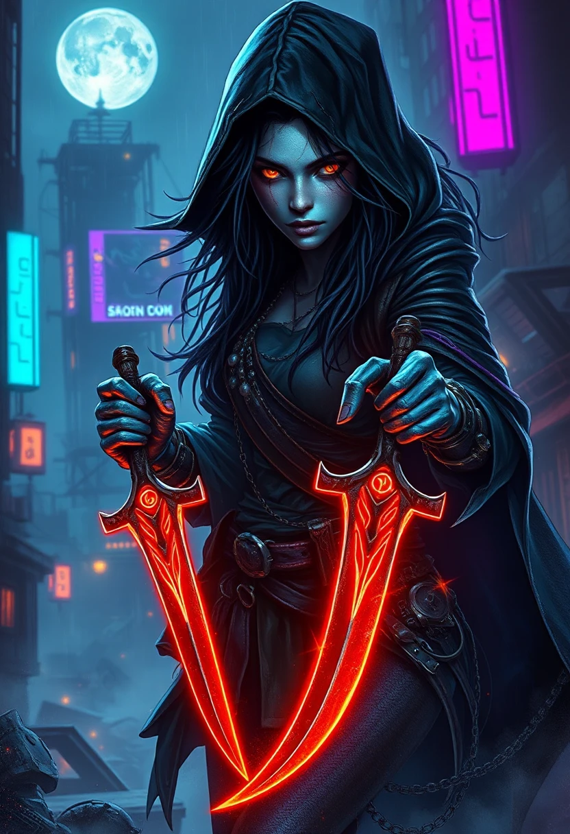 A spectral rogue pirate, her form barely visible through the flickering neon mist of a decayed cyberpunk port city. Her silvery-blue skin shimmers like moonlight on steel, her amber eyes burning with the fire of forgotten gods. Tangled raven hair, woven with mechanical charms and pearls from ancient wrecks, spills from her hooded cloak, which billows in the digital breeze. In each hand, she wields curved daggers pulsing with neon runes, her movements swift, deadly, and silent. She glides between shadows, an enigma of flesh and code, a predator in a world of neon lights and rusted steel. Behind her, the shattered city crumbles, bathed in a dim, electric glow. She vanishes as whispers of the wind follow her steps, leaving only faint echoes of death in her wake.