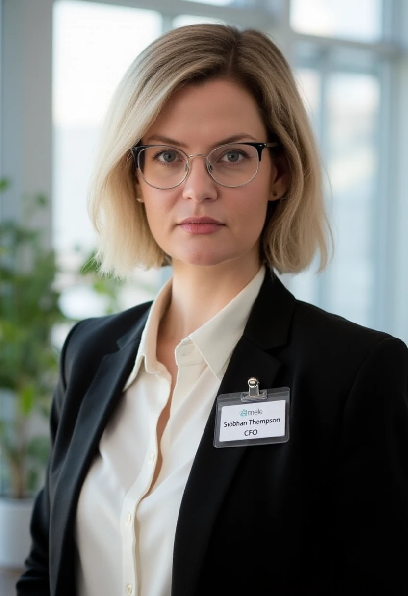 A portrait photo of siobhanthompson, a woman. She is looking straight at the viewer with a serious and stern expression on her face. She is wearing a professional white shirt and a black business suit. A simple ID badge with black text name "Siobhan Thompson" and title "CFO" is clipped to the suit jacket. The background is blurry and shows a modern office with house plants. Sunlight is shining through large windows.