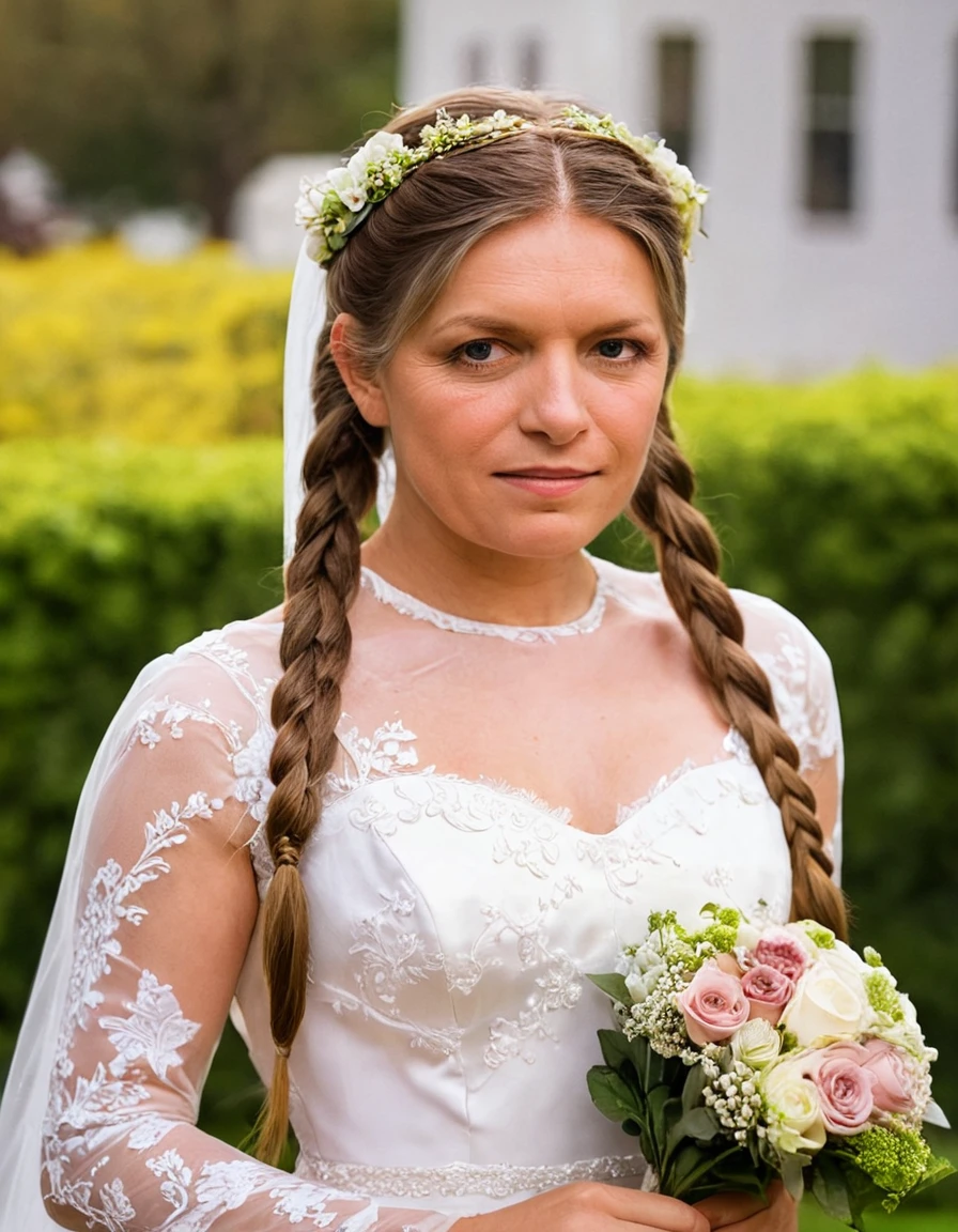 closeup photo of rfico as woman bride, long hair, braids, pony tails, wearing wedding dress, garden in the background, artistic photography, lookin to camera, flowers in the hair, holding flowers in hands, cute face, cinematic color palette <lora:rfico:1.3>