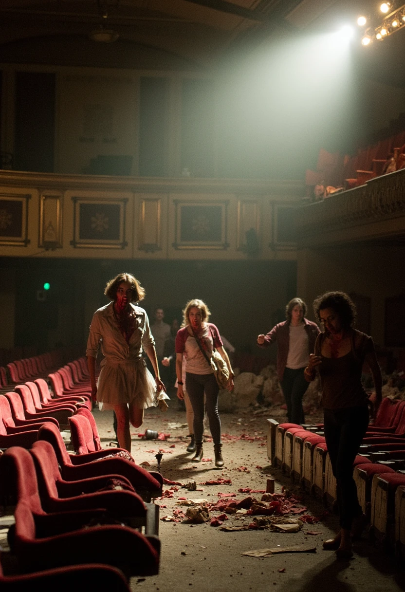 A once-grand theater lies in ruins, with rows of red velvet seats torn and scattered. The infected roam among the debris, one of them holding an old microphone stand. The stage lights flicker on and off, casting an eerie glow as an infected ballerina, her costume in tatters, performs a haunting, slow dance.