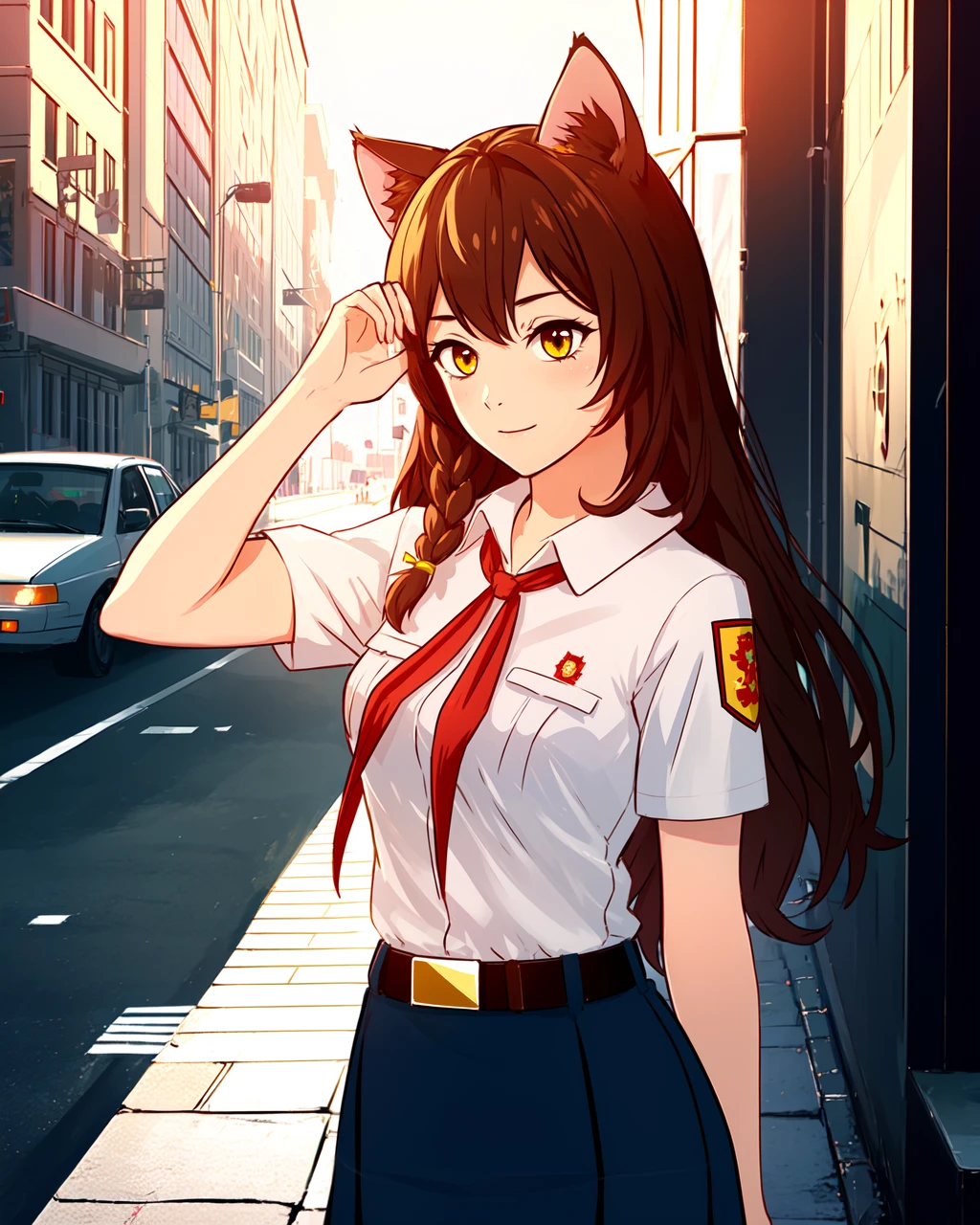 masterpiece, high quality, blyulia, 1girl, upper body, medium shot, brown hair, side braid, cat ears, yellow eyes, white shirt, red badge on shirt, red bow-tied neckerchief, leather belt, blue skirt, yellow hairpin, dynamic pose, outdoors, city, street, evening, sky, sunglare, (side view:0.75), <lora:blyulia:0.75>