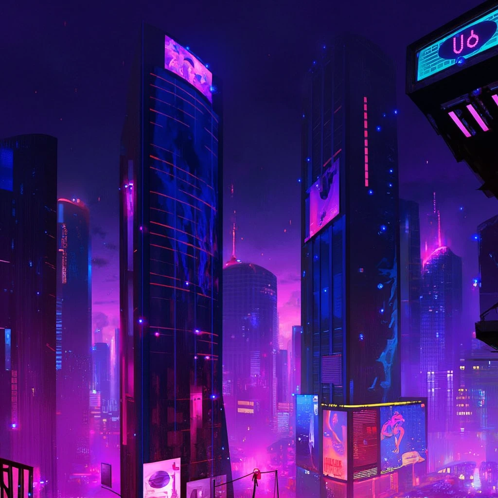 A breathtaking cyberpunk cityscape at night, with towering futuristic skyscrapers illuminated by neon lights in shades of purple, blue, and pink. The buildings are adorned with glowing signs and holographic advertisements, casting luminous reflections on the foggy streets below. The scene exudes a sense of high-tech dystopia, with a dark sky filled with stars in the background, contrasting the vibrant city lights. The atmosphere is moody, with a blend of technology and mystery, reminiscent of classic cyberpunk aesthetics. Adding a sense of grandeur and dominance to the city skyline and atmospheric style of devinellekurtz, <lora:devinellekurtz-style-v3:1.2>