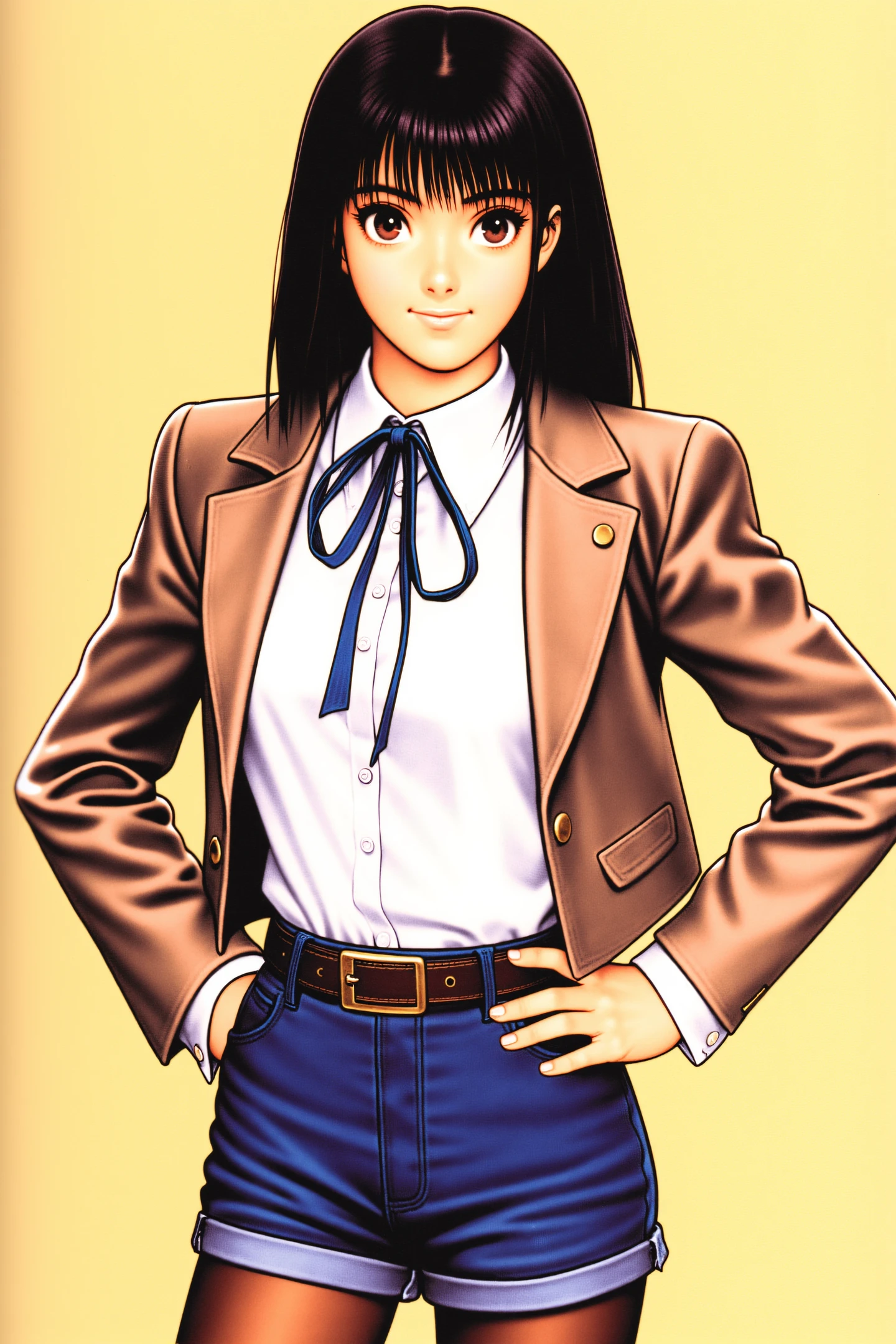 1girl,solo,beret hat,shorts,jacket,black hair,beret,shirt,pantyhose,hand on hip,retro artstyle,belt,looking at viewer,white shirt,medium hair,brown eyes,black eyes,cowboy shot,smile,upper teeth only,bangs,bow,
<lora:shinkiro_FLUX:1>,