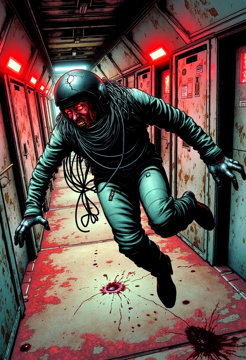 On a rusted space station corridor, an infected crew member drifts weightlessly, tangled wires trailing from their torn suit. Inked in bold graphic novel lines, the infected’s helmet is cracked, with dark, twisted lines around a sinister smile and hollow, glowing eyes. Emergency lights flash red, casting sharp shadows along the metallic walls, while oil and blood float in the air around them.