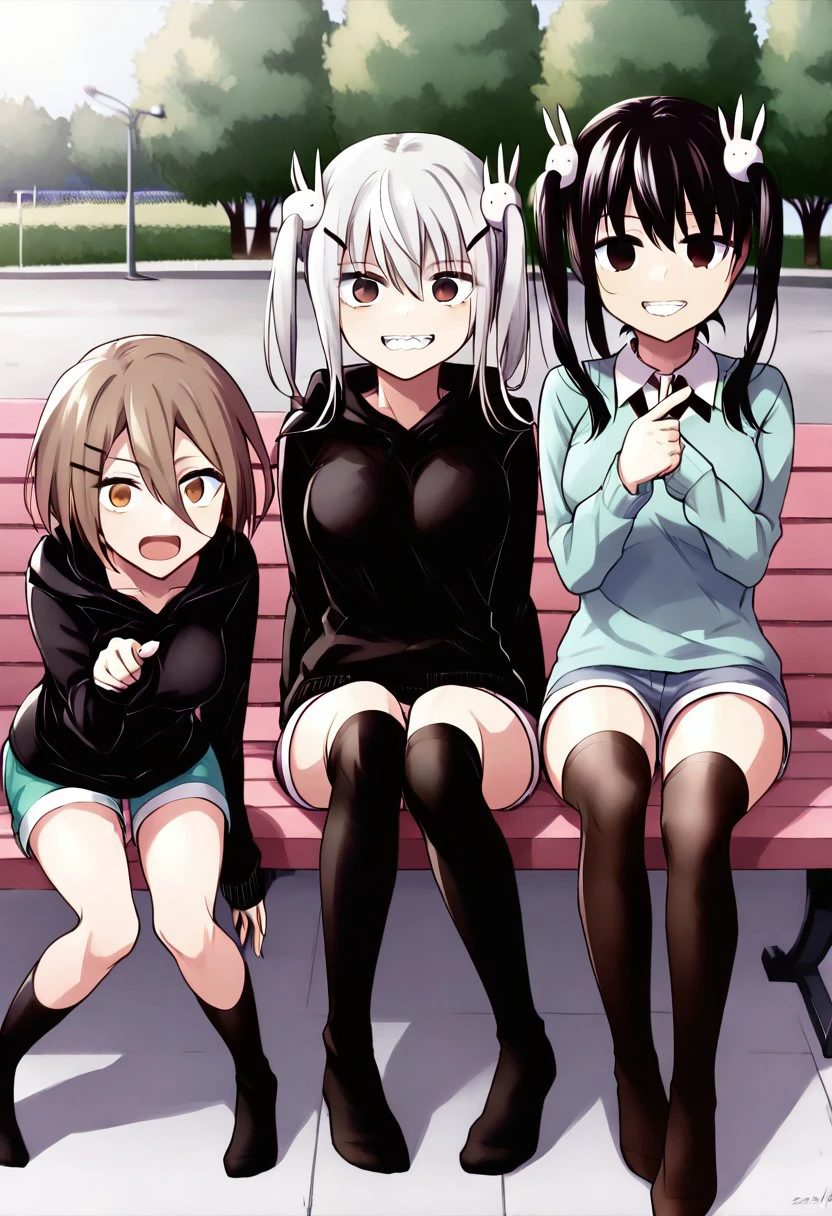 anime screencap,
outdoors, park, bench, 3girls, multiple girls,
BREAK
full body, head tilt, sitting,
tsukiyo_riiko, hair ornament, hairclip, hair between eyes, brown hair, short hair,
black hoodie, sleeves past wrists,
smile, grin, half-closed eyes, looking at viewer,
black socks
BREAK
full body, sitting,
sakuno_mutou, twintails, rabbit hair ornament, silver hair, pointing, green dress, breasts, teeth, open mouth,
BREAK
full body, sitting,
uzume_mikoto, black hair, long hair, empty eyes, sweater, long sleeves, short shorts, thighhighs, shorts, breasts, expressionless, closed mouth, pointing